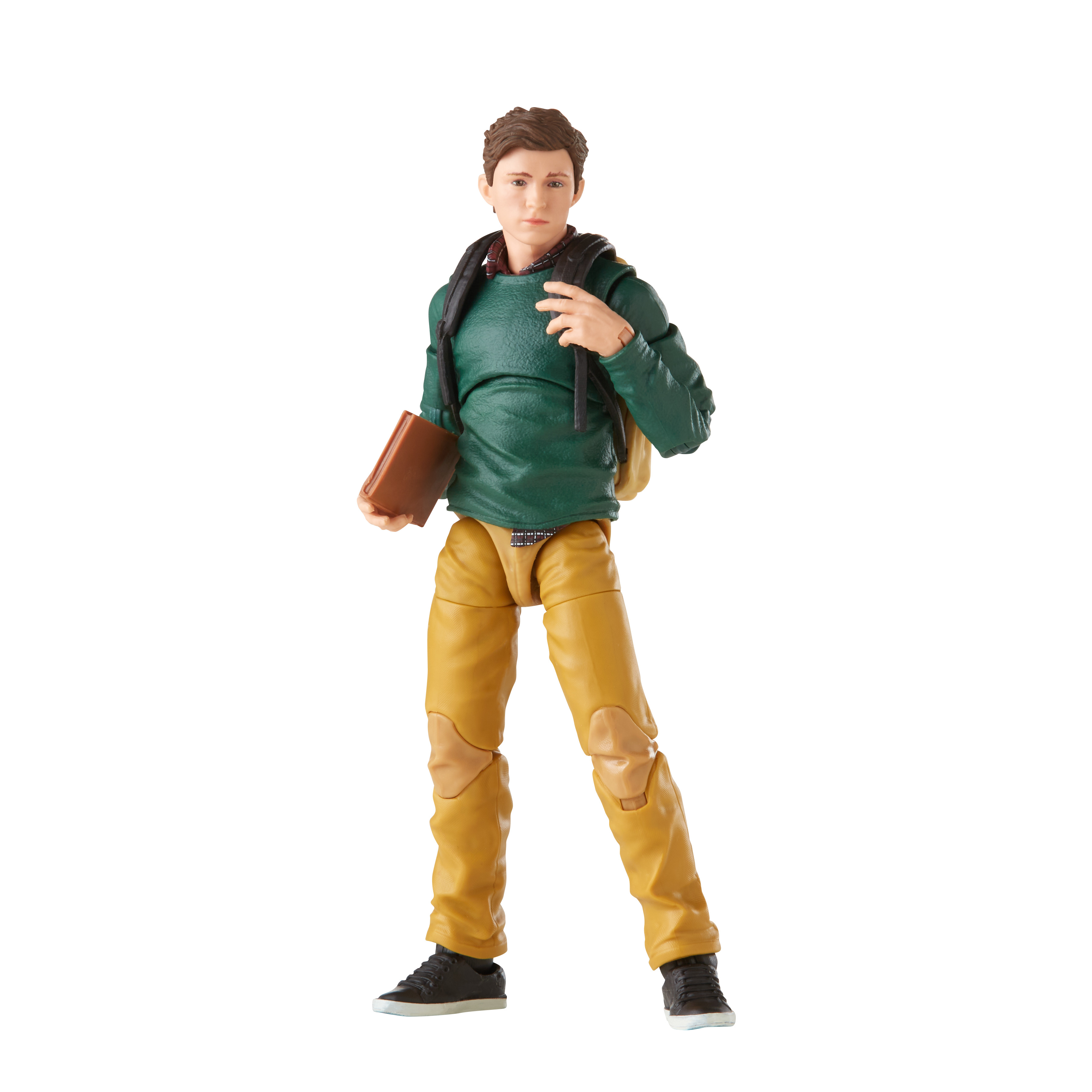 Una figura de acción masculina con suéter verde y pantalones amarillos, sosteniendo un libro y mochila, con zapatos negros.