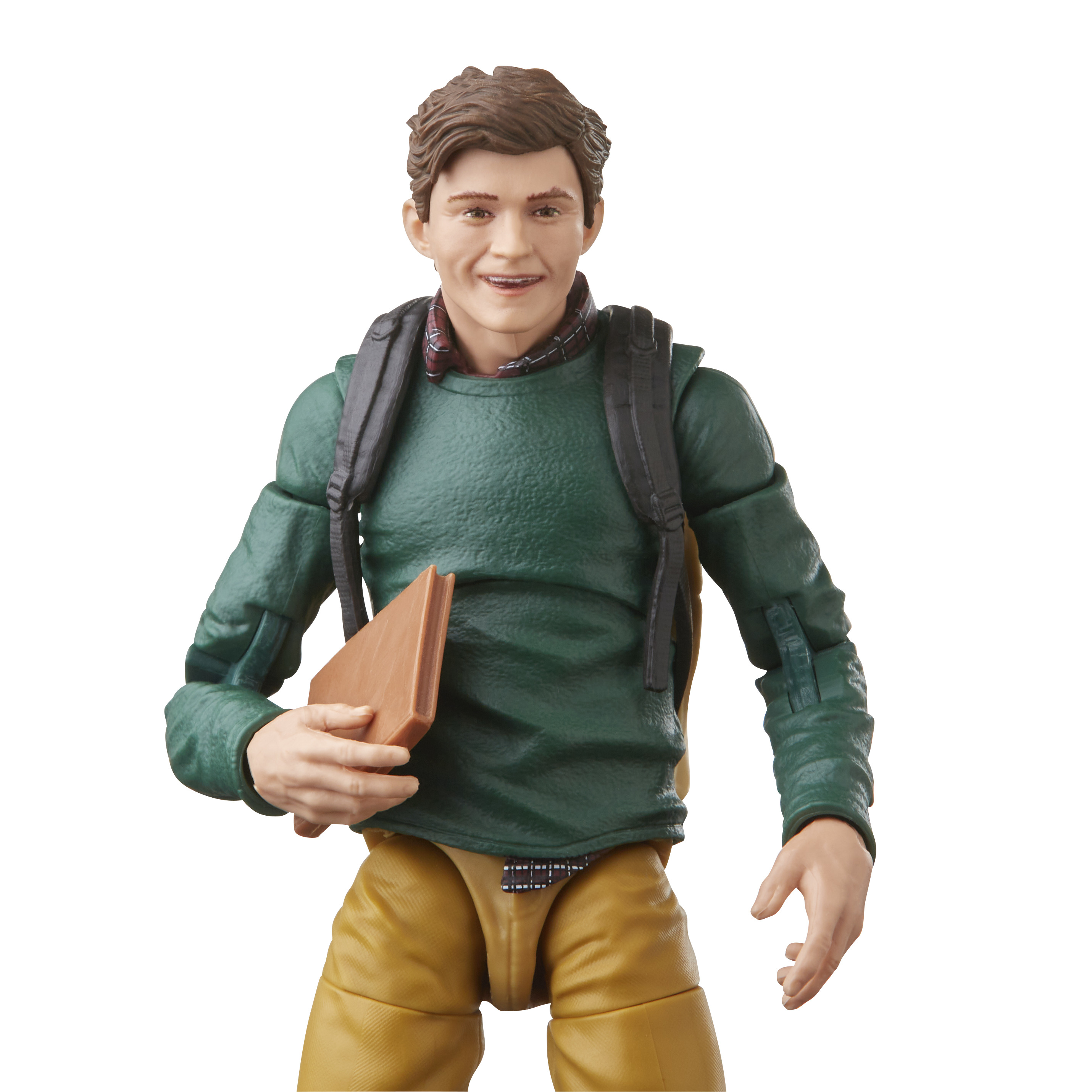 Una figura de juguete de un niño con un suéter verde y un libro. Lleva una mochila.
