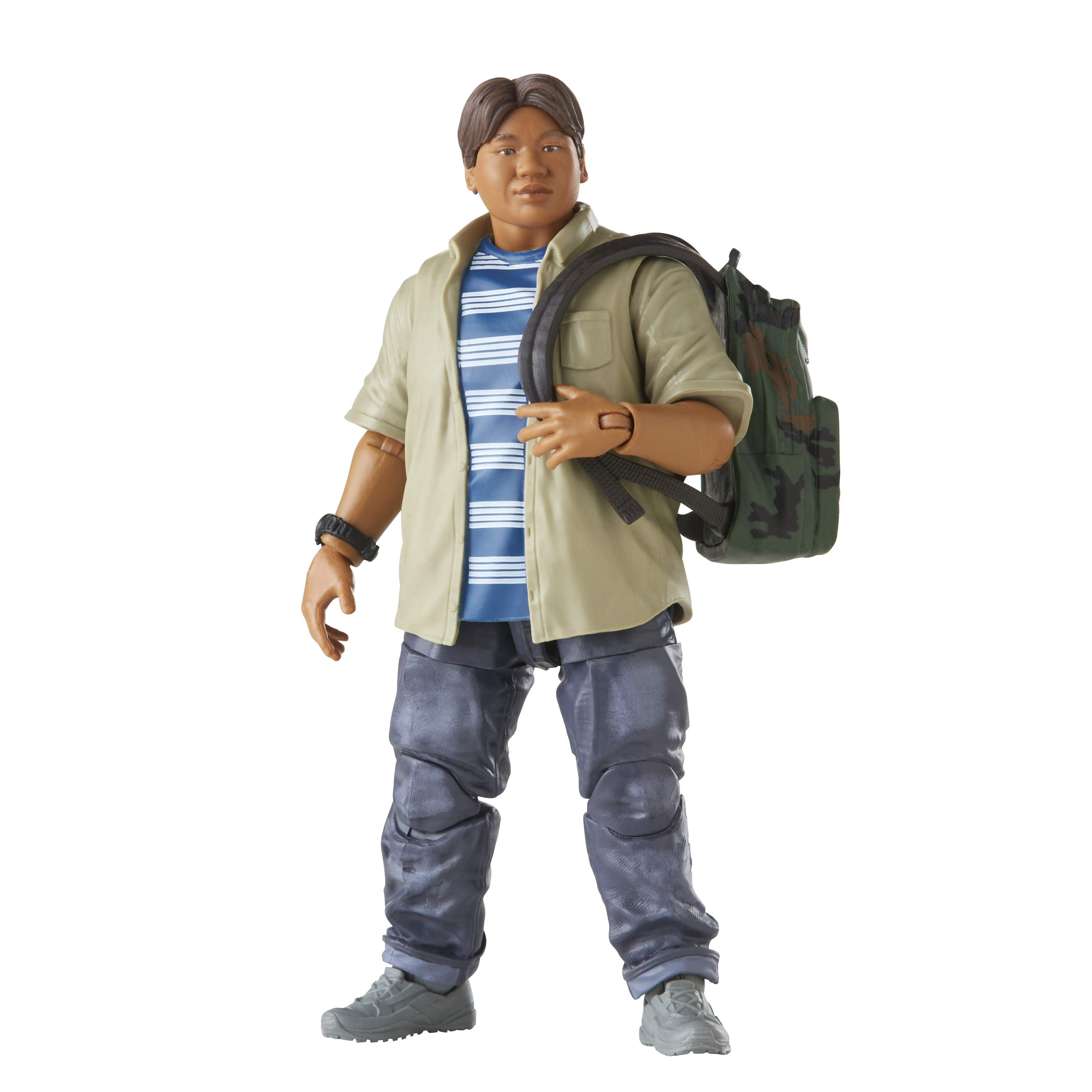 Figura de juguete de un hombre con mochila, camisa a rayas y pantalón gris.