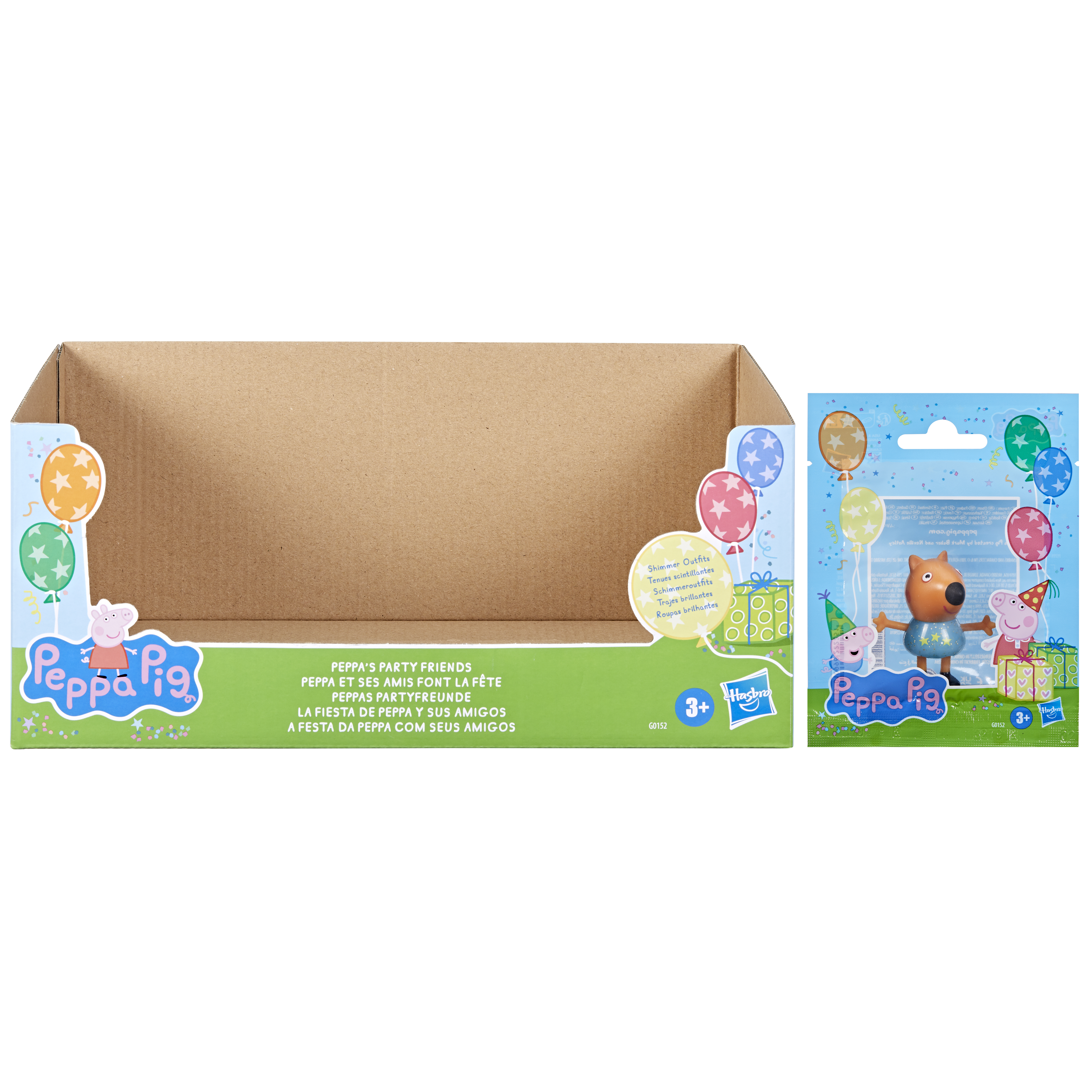 Paquete y figura de juguete de Peppa Pig, con globos, un regalo y personajes, diseño colorido.