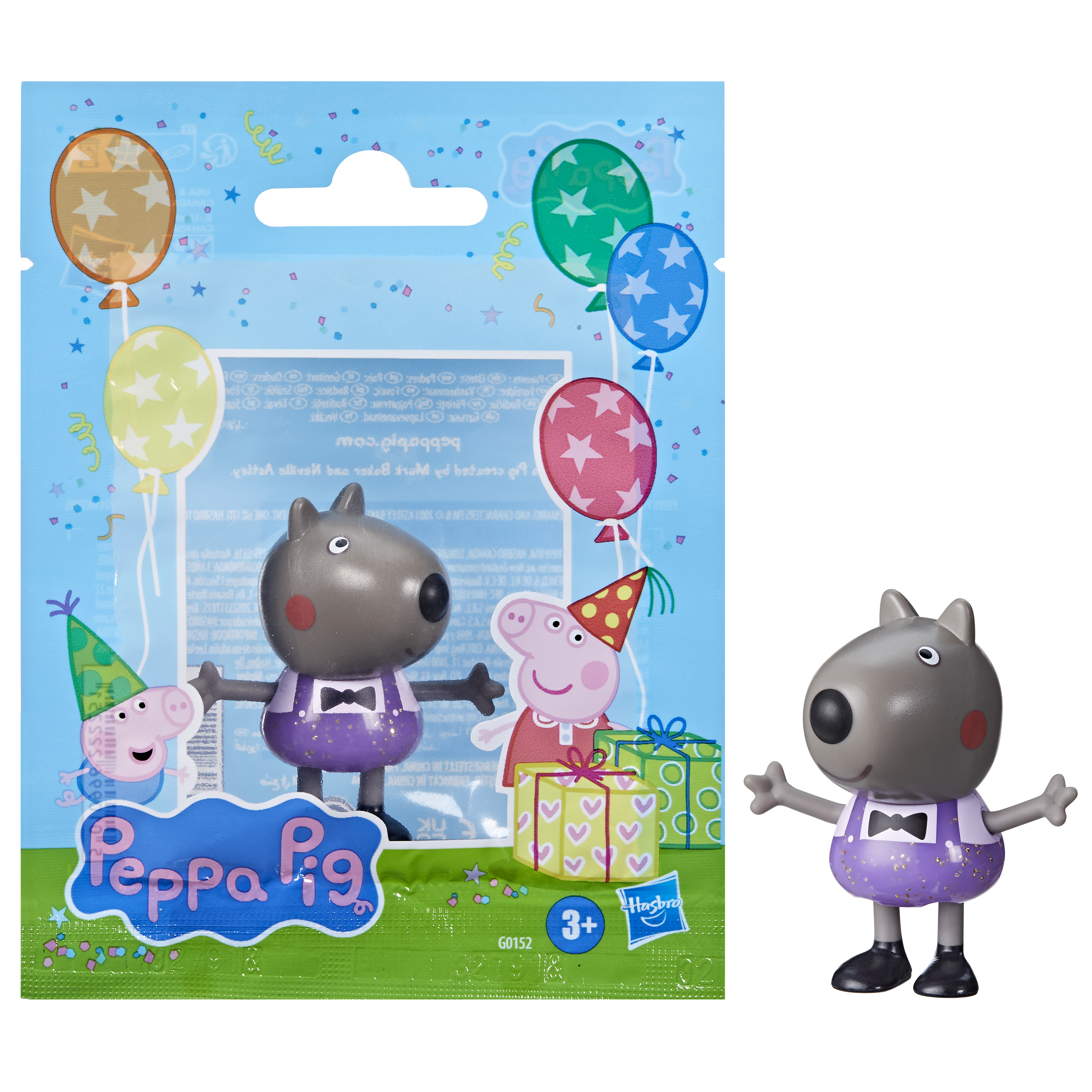 Figura y empaque de juguete de Peppa Pig, con un personaje de lobo gris y otros personajes.