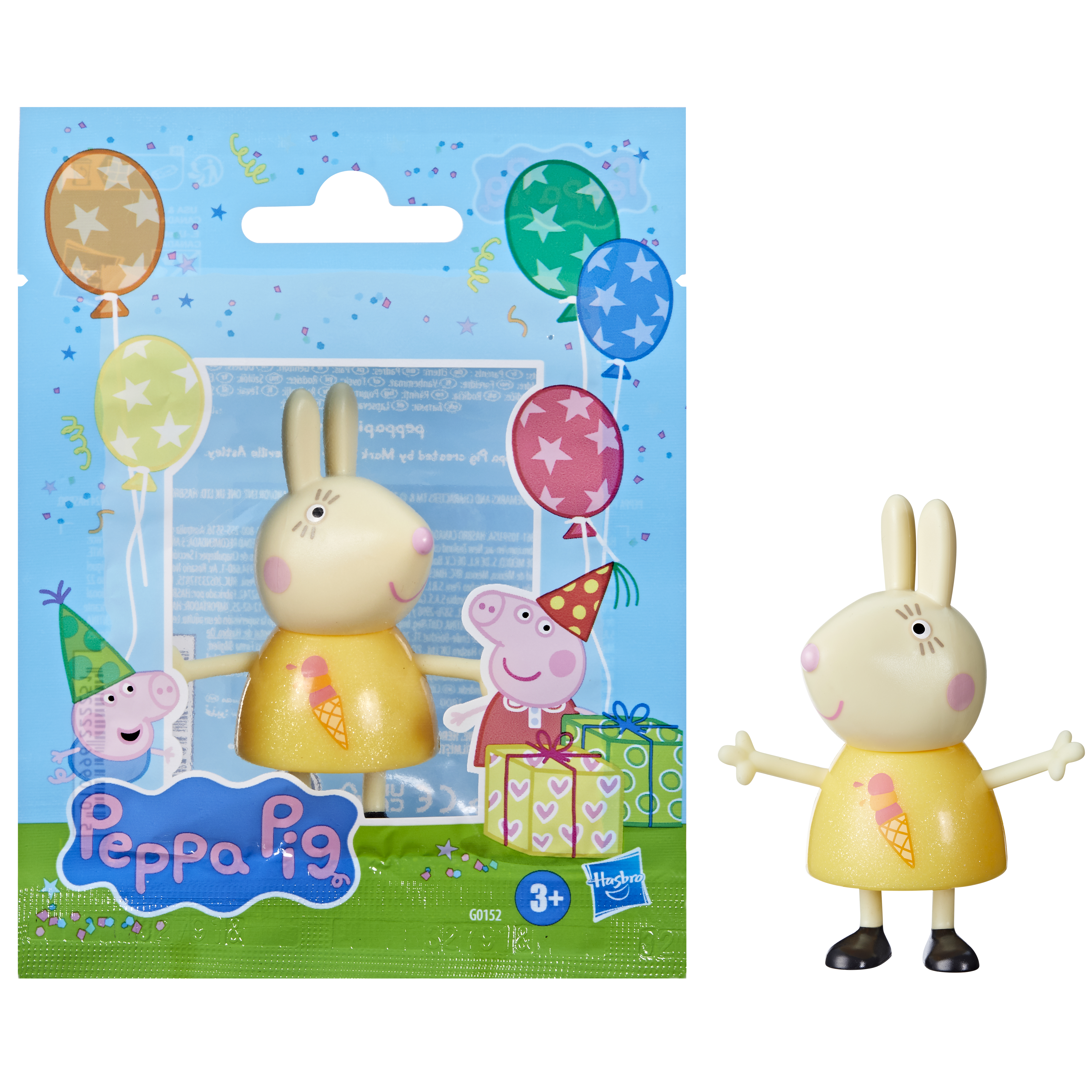 Juguete de Peppa Pig. Incluye a Peppa y un conejo en una escena de fiesta. Regalos y globos.