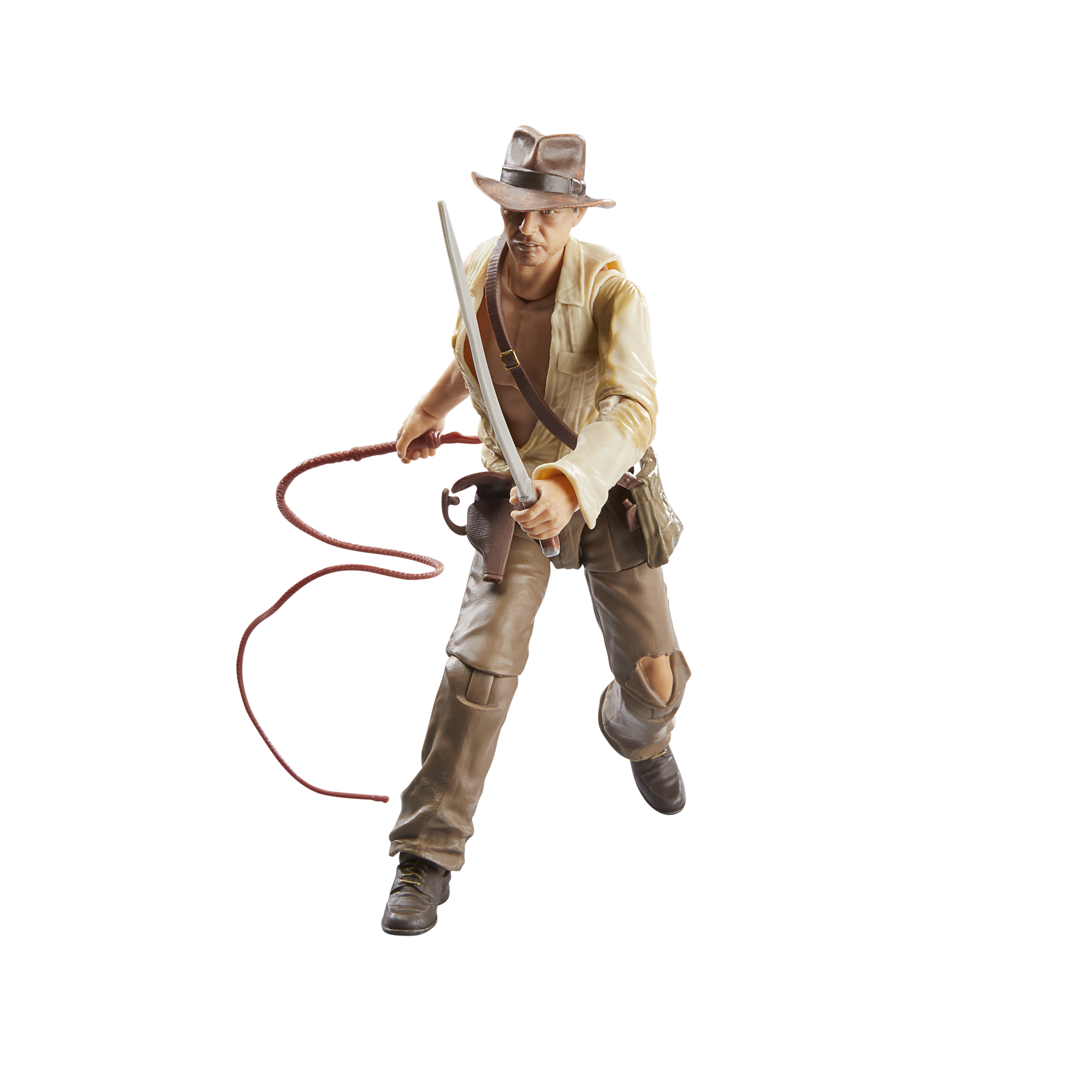 Figurka Indiana Jones, biegnąca z batem i bronią. Brązowy kapelusz, beżowa koszula.