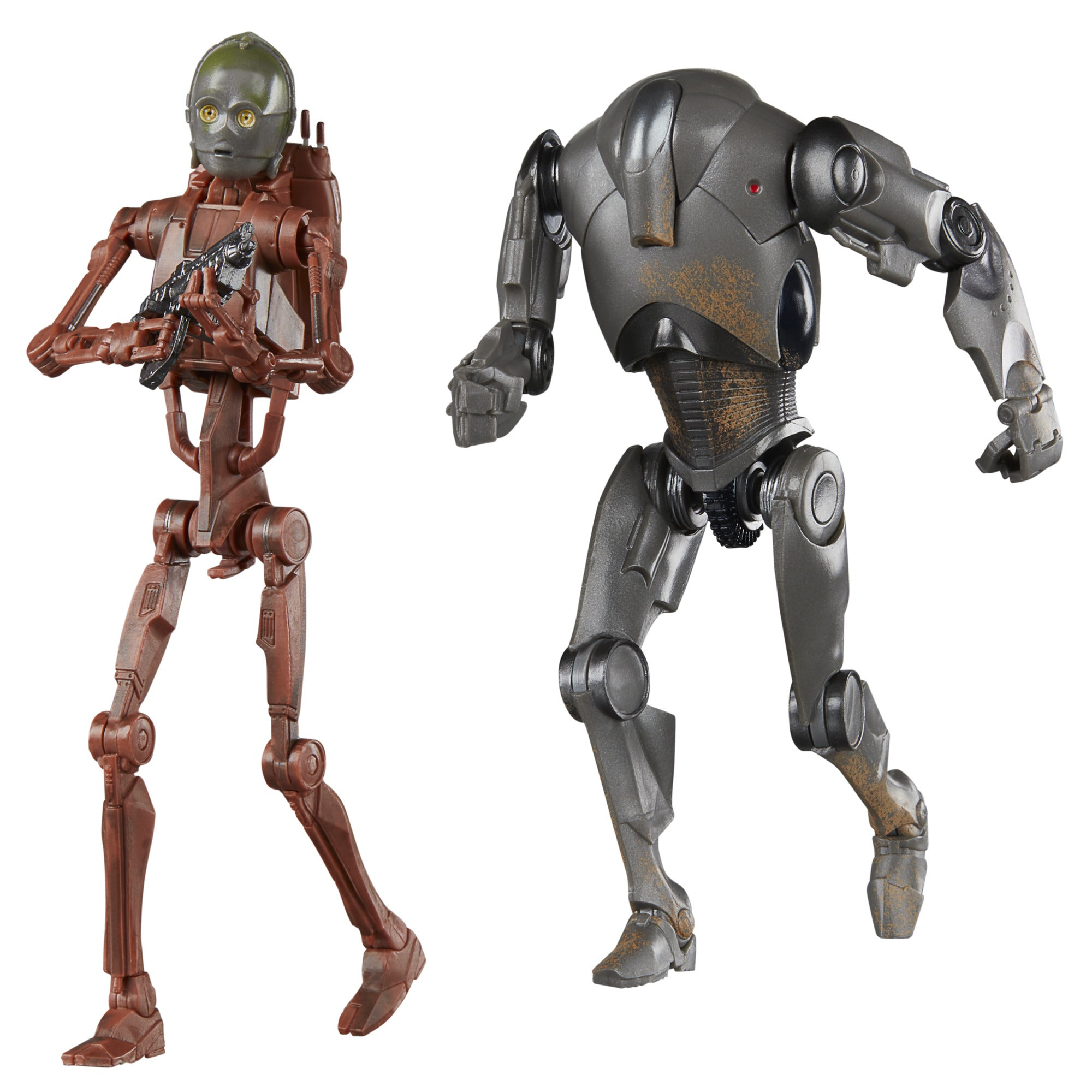 Zwei Star Wars Kampfdroiden Figuren. Einer hält eine Waffe, dem anderen fehlt der Oberkörper.
