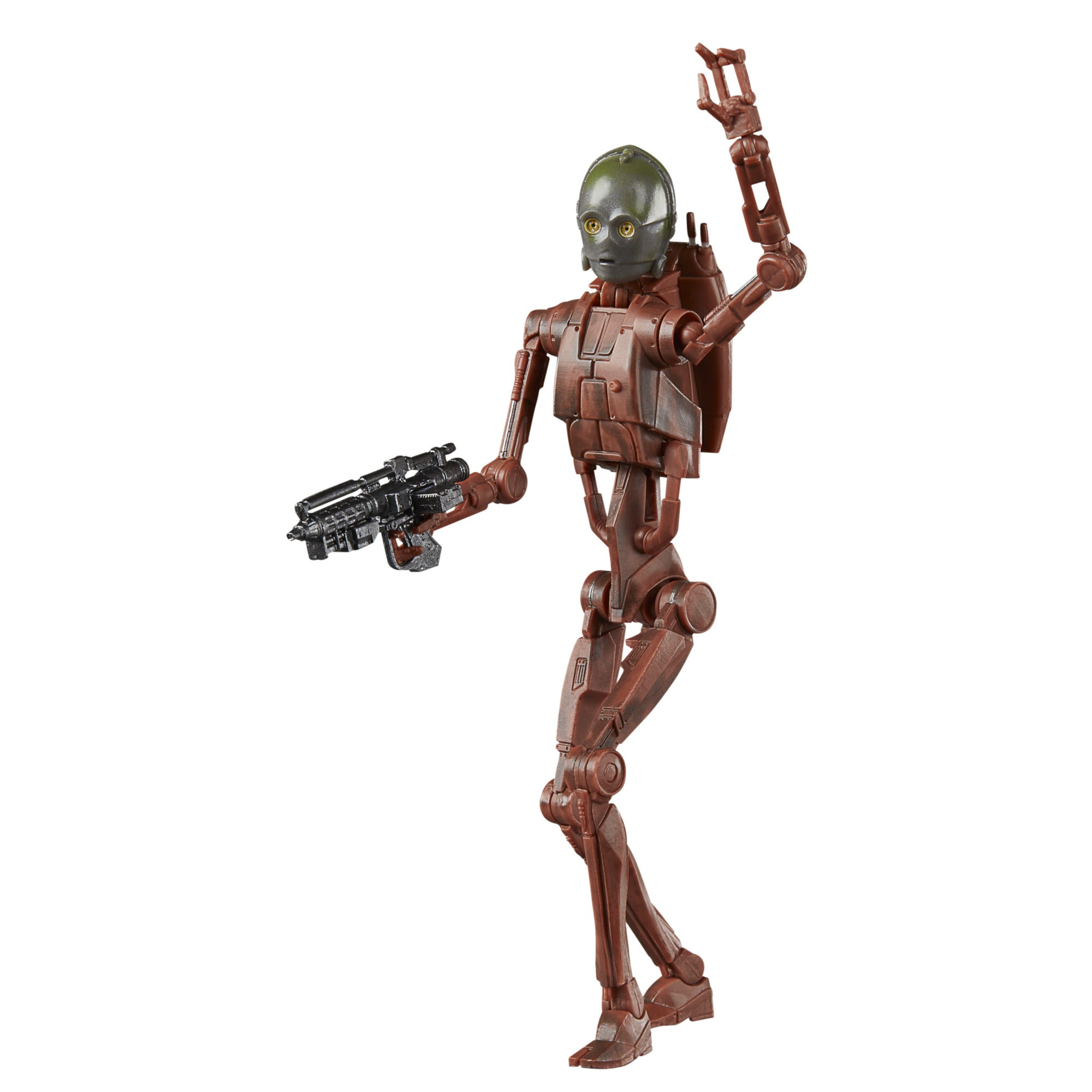 Eine braune Roboterfigur mit einer Waffe und erhobenen Armen, grüner Kopf.