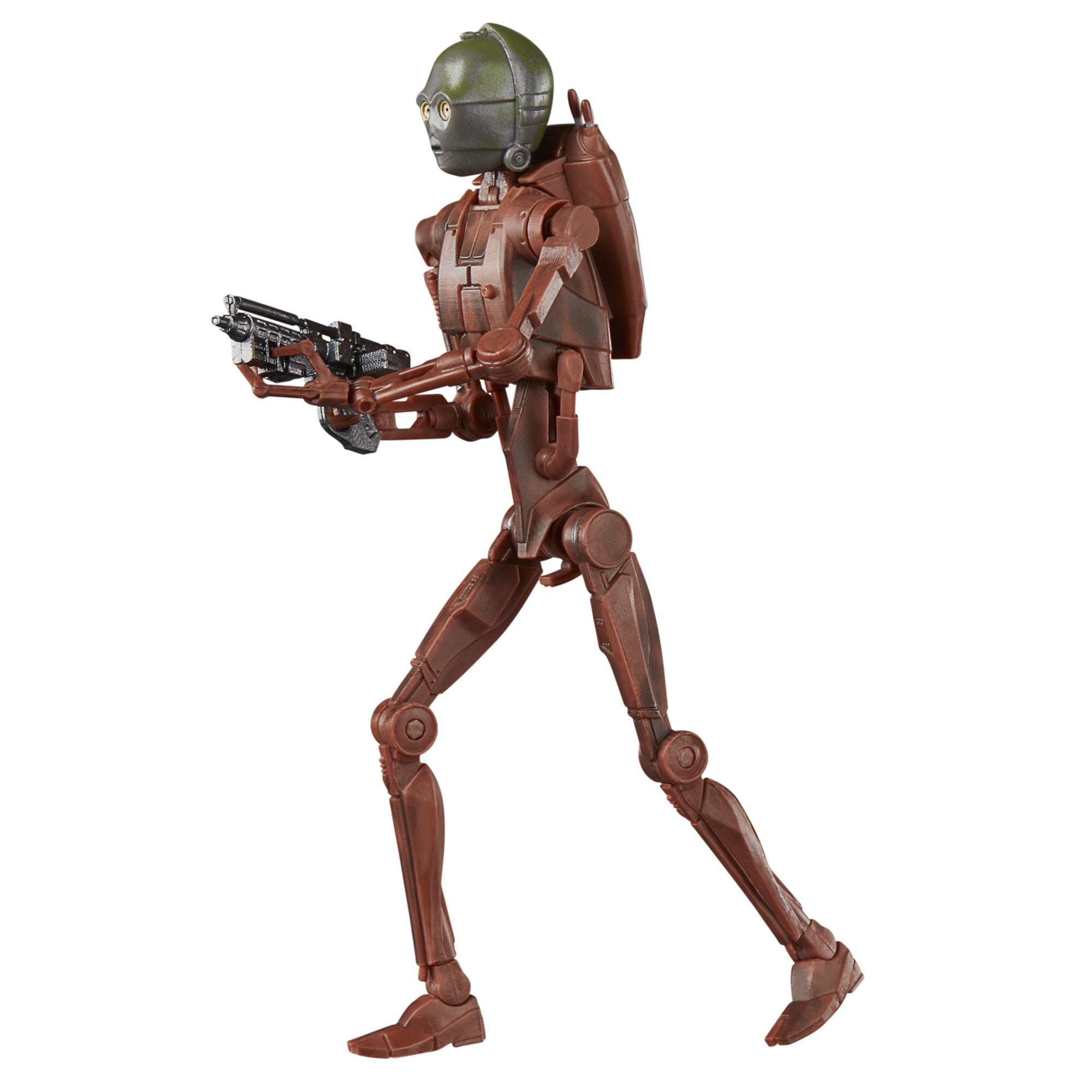 Eine braune Roboterfigur mit einer Waffe geht, hält eine Waffe mit einem Arm hoch.