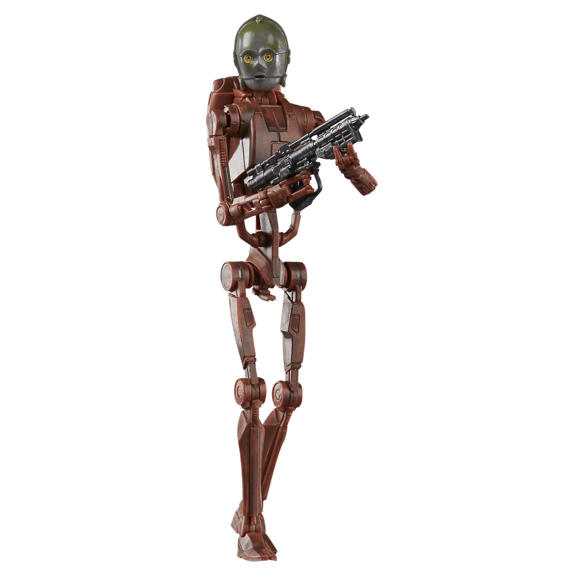 C-3PO Actionfigur mit Waffe, in stehender Pose. Brauner und goldener Roboter auf weißem Hintergrund.