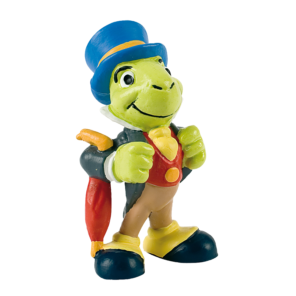Una statuina di Jiminy Cricket con cappello e ombrello, su sfondo bianco.