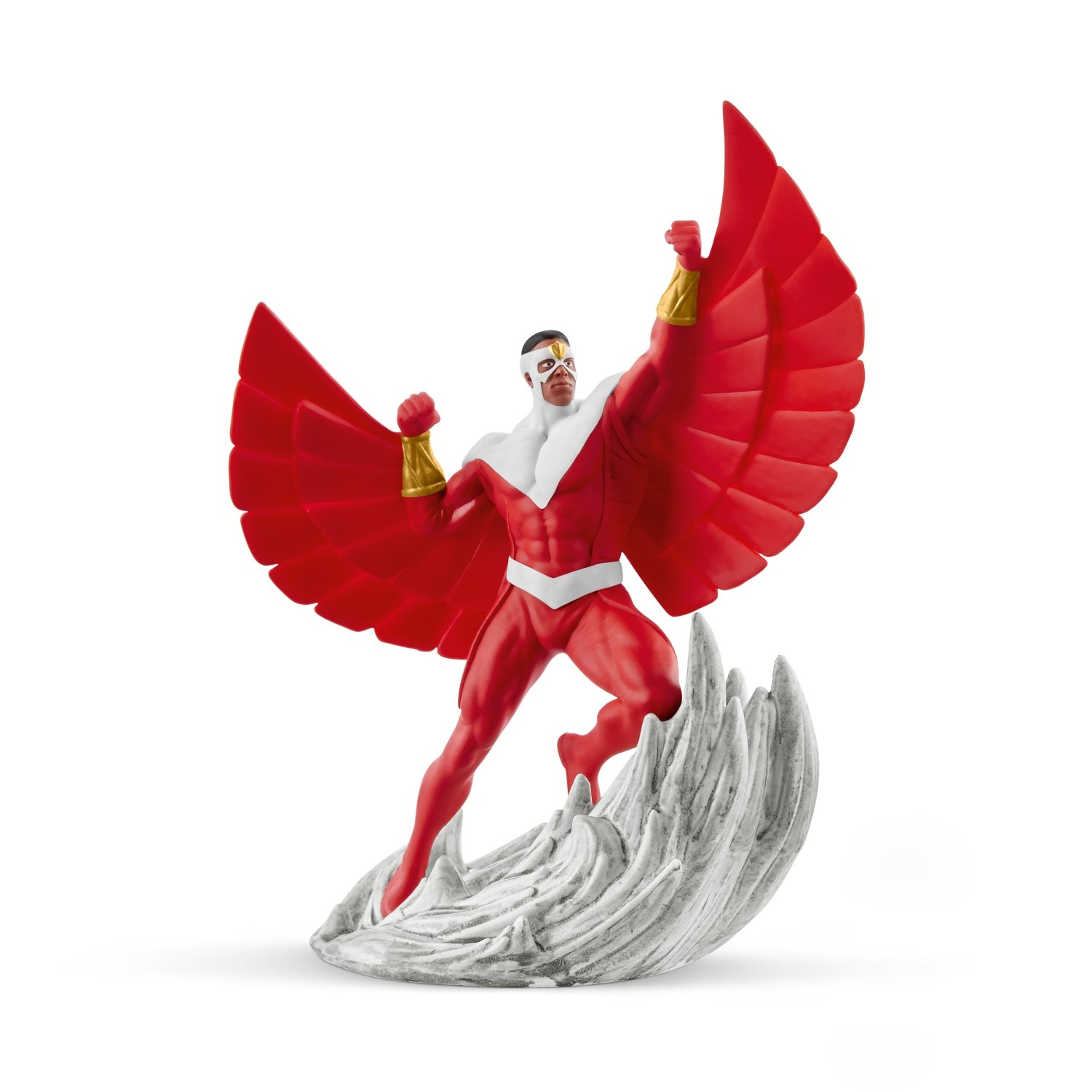 Falcon Marvel Figur im roten Anzug mit Flügeln, auf weißer Basis stehend.