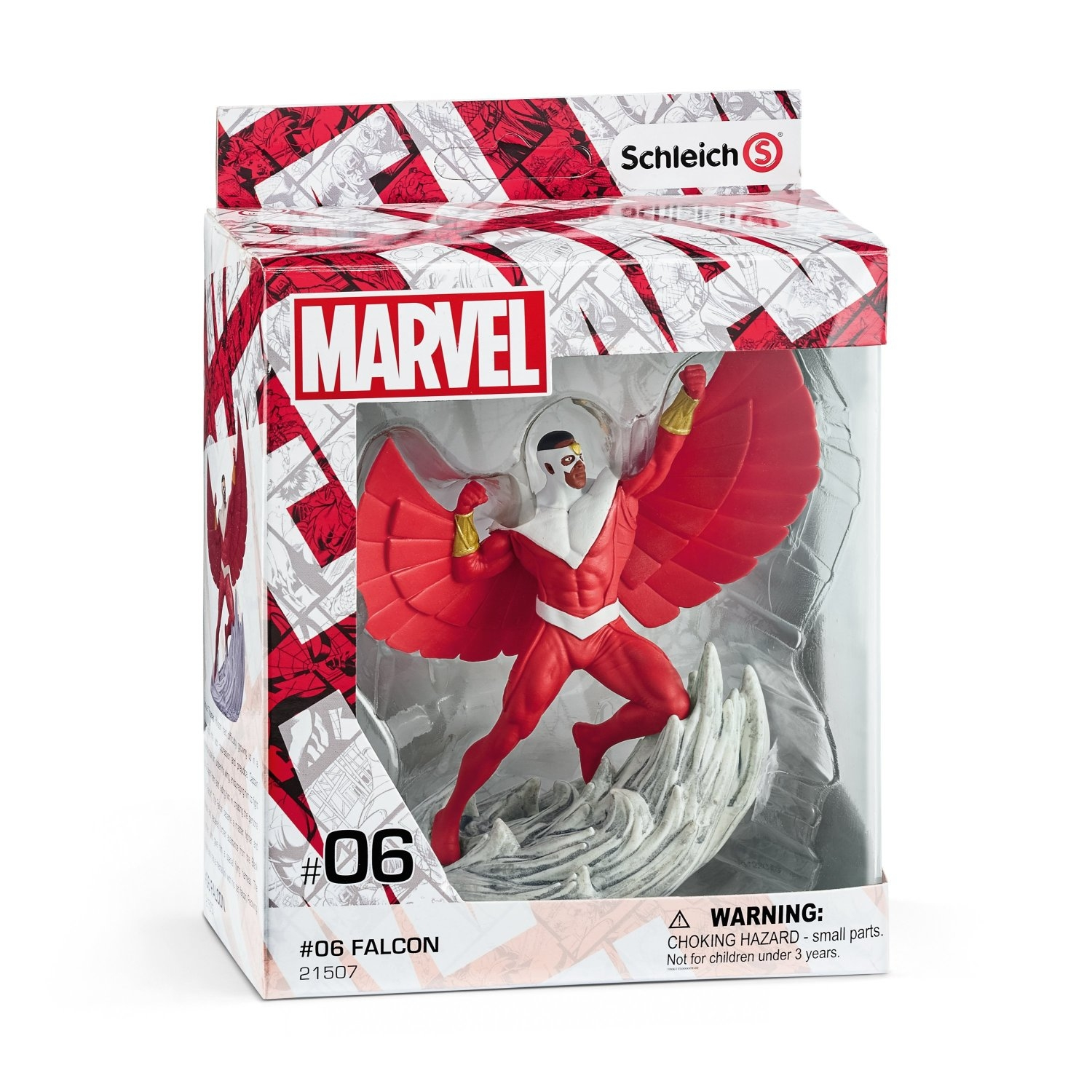 Falcon Marvel Figur in Box, roter Anzug, Flügel und weiße Basis, Marvel Logo.