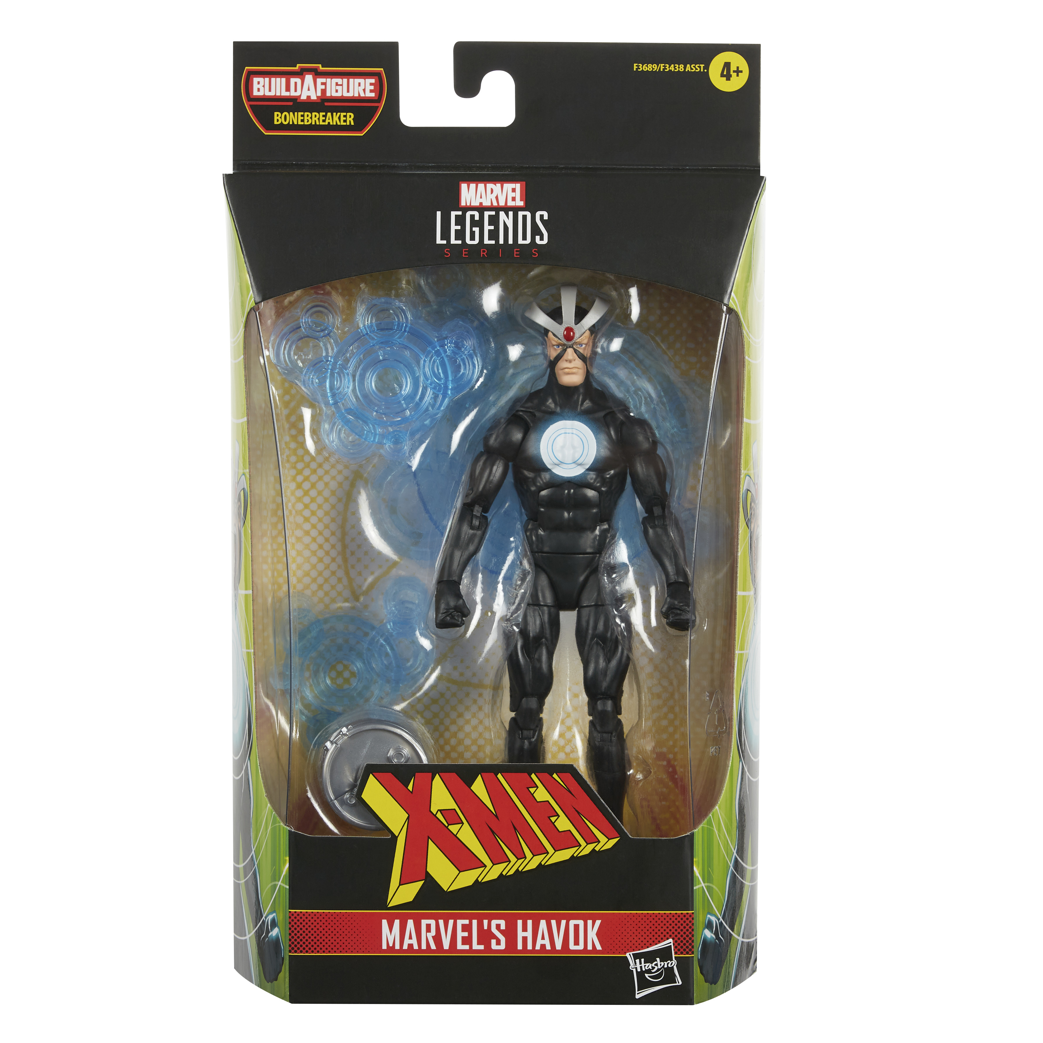 Action figure di Havok della Marvel in una confezione. Abito nero, effetti di energia blu.