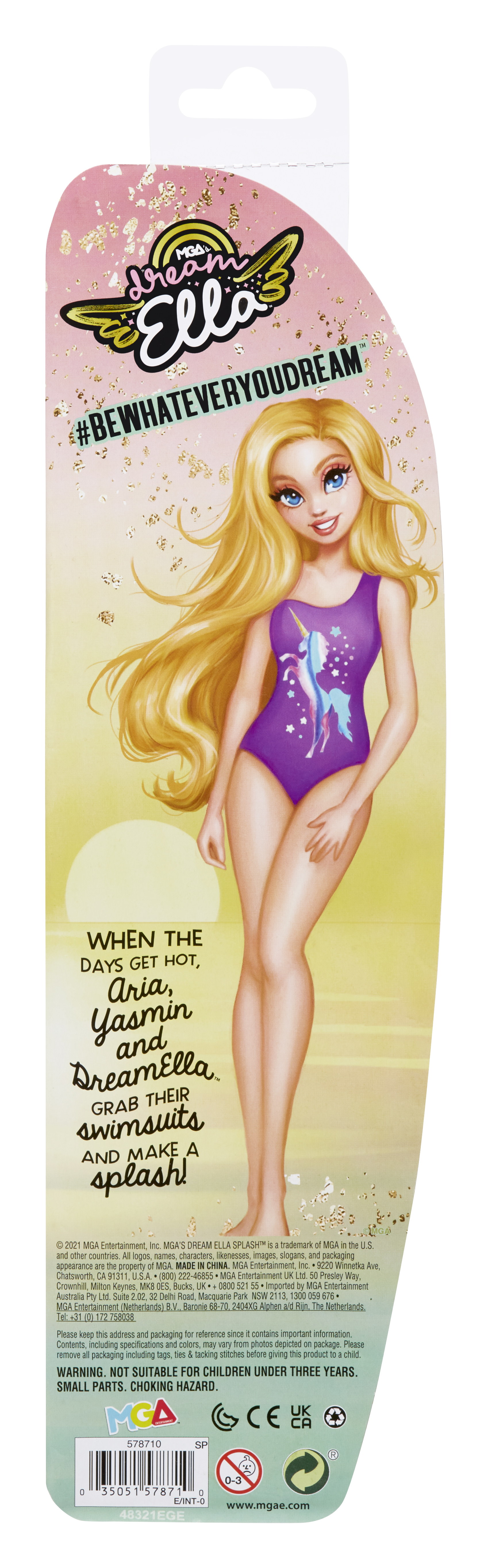 Tył opakowania lalki DreamElla: dziewczyna w kostiumie kąpielowym, tekst. Różowe i złote tło.