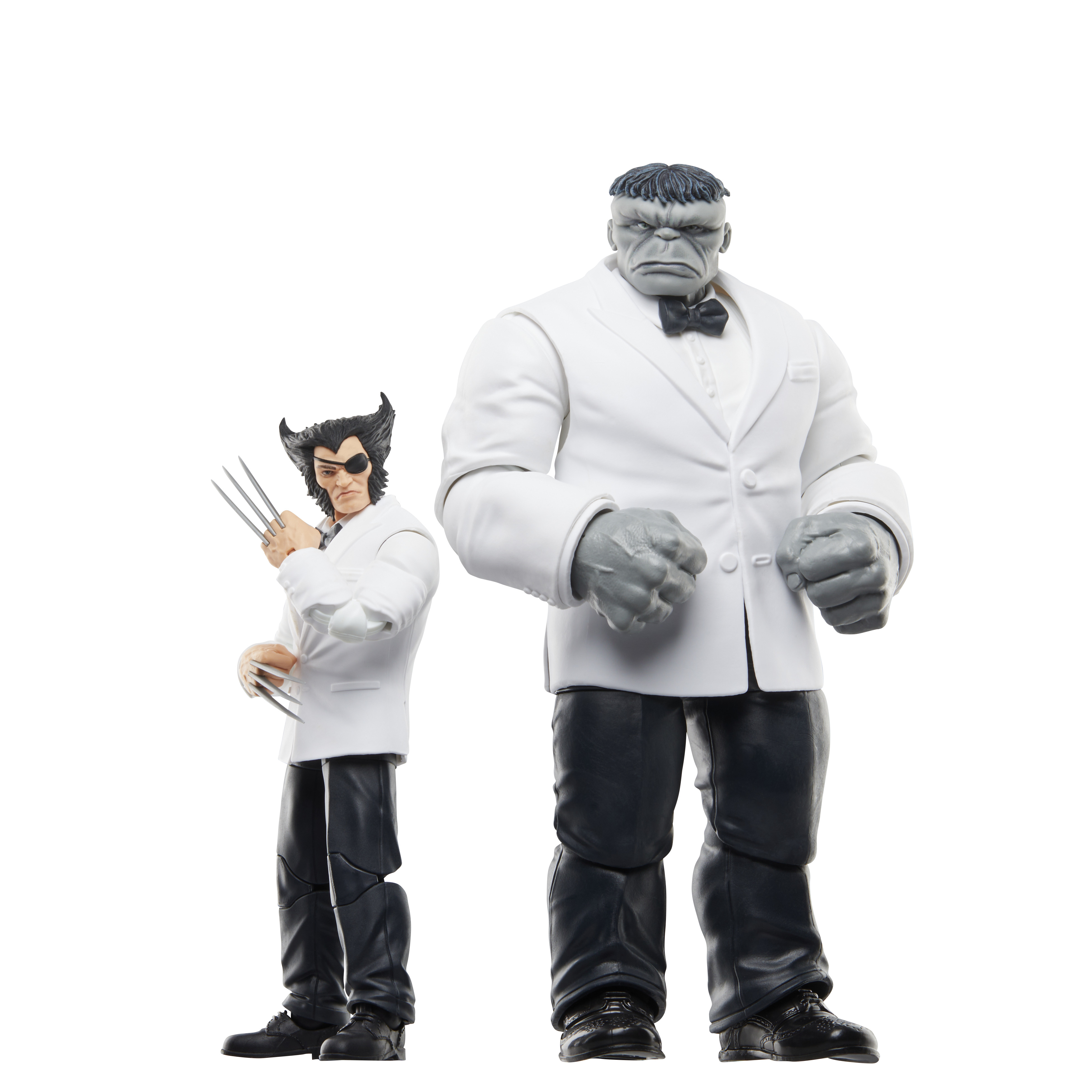 Action figure di Wolverine e Hulk. Wolverine in abito bianco, Hulk in abito bianco.