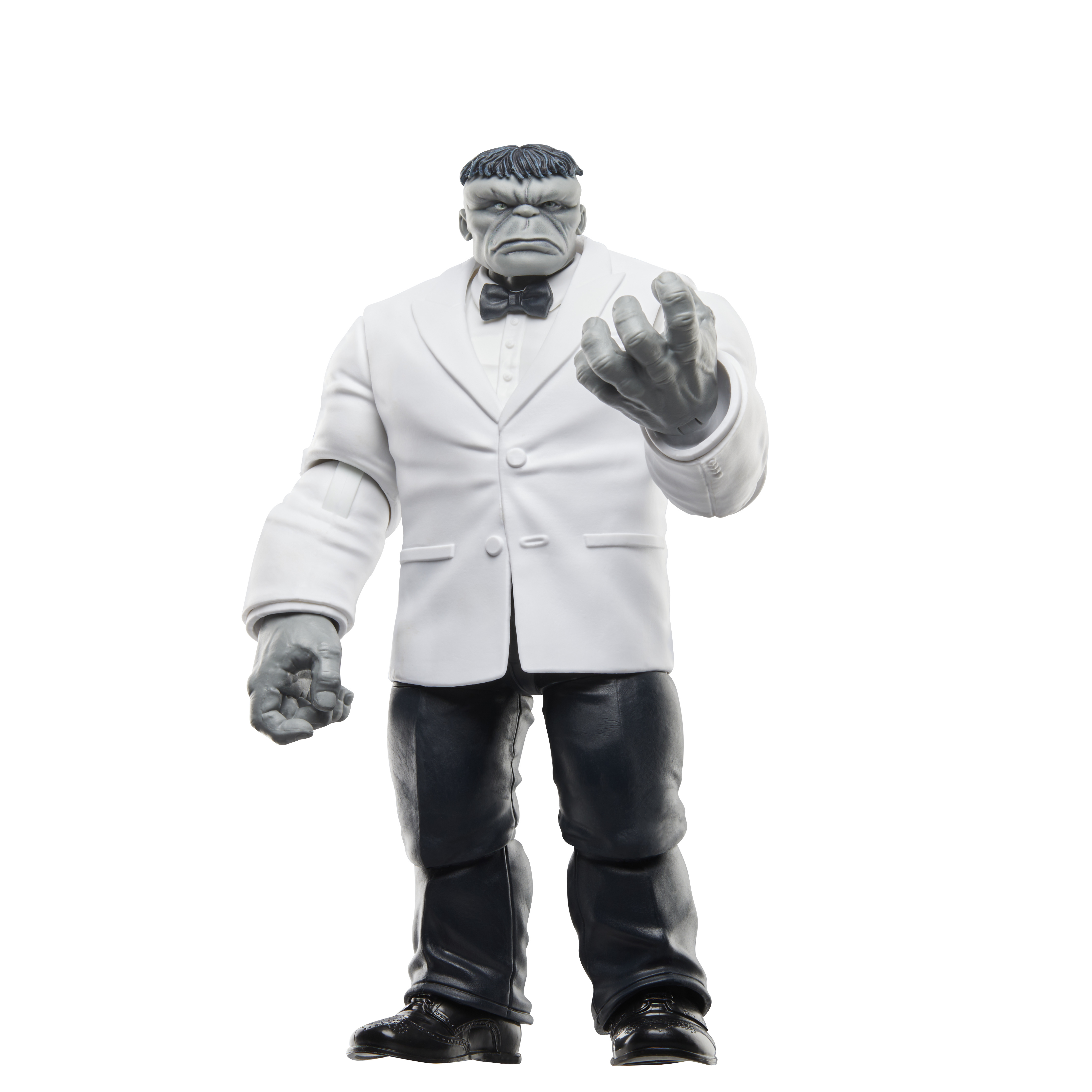 Action figure di Hulk in abito bianco, braccia tese. Pelle grigia, papillon nero.