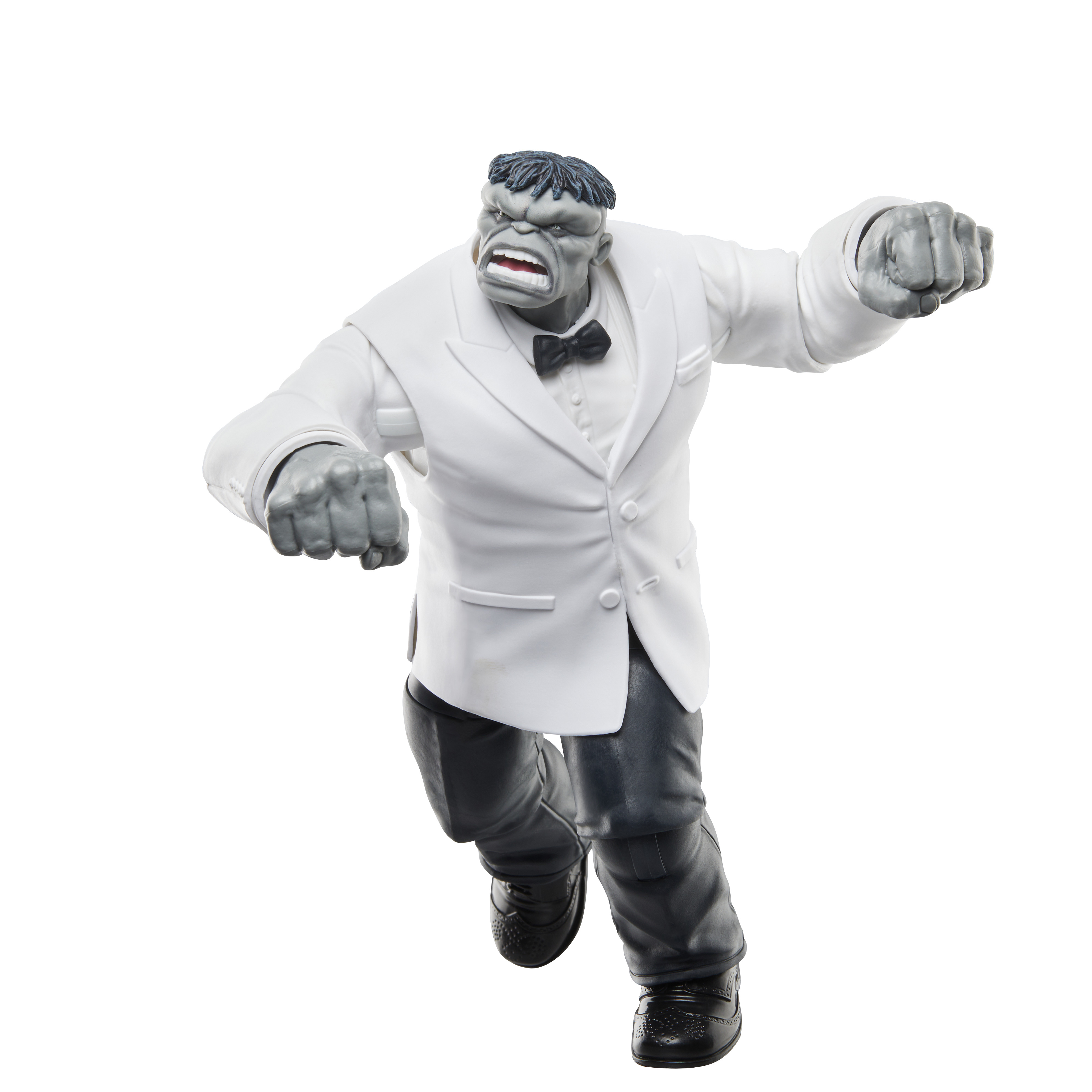 Action figure di Hulk grigio in abito bianco e papillon nero, in corsa. Sfondo bianco.