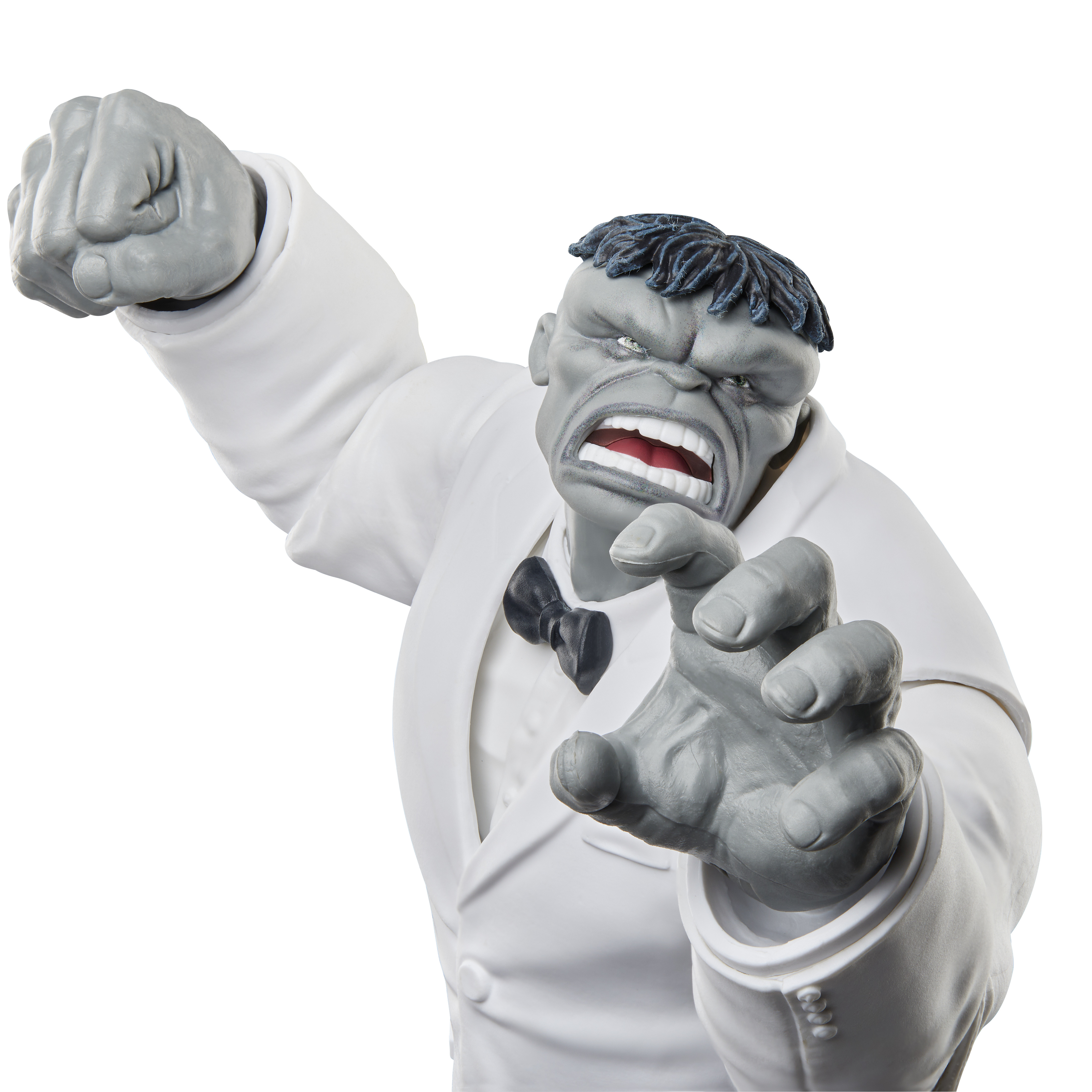 Una figura grigia di Hulk in abito bianco con papillon nero, che stringe il pugno e urla.