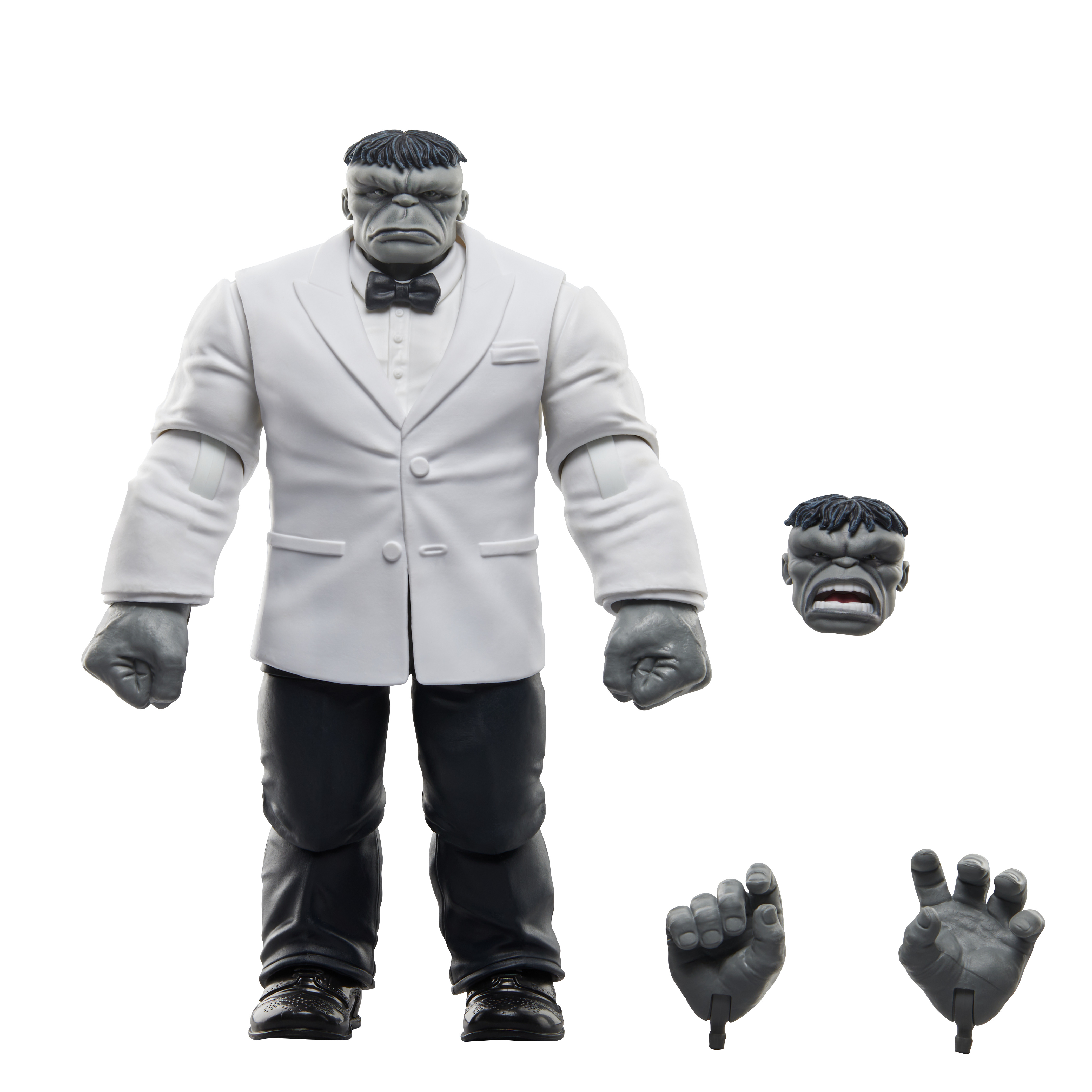 Figura di Hulk grigio in abito bianco e pantaloni neri, con mani e testa extra.