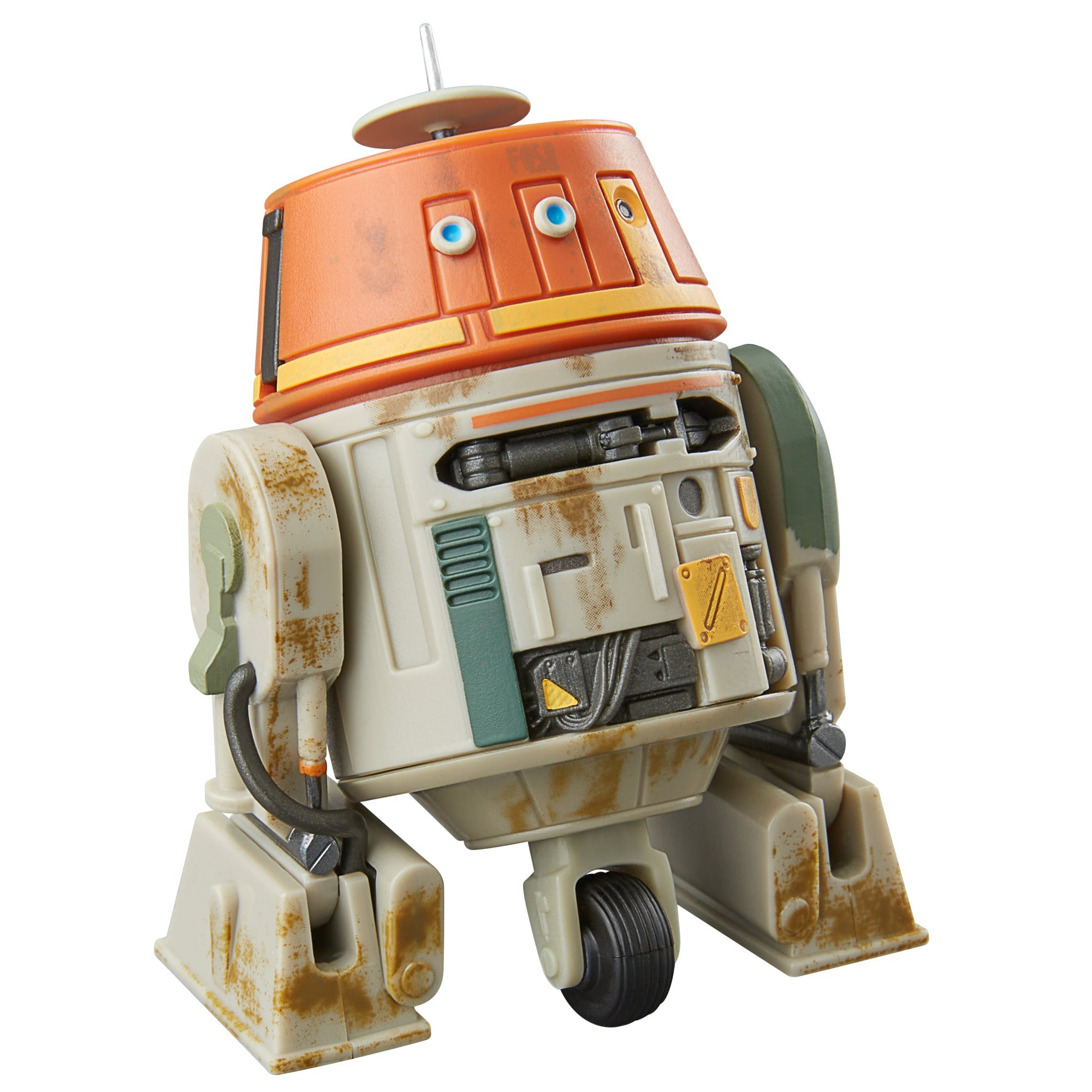 Un droide di Star Wars, testa arancione, corpo bianco, una ruota. È una figura simile a un cartone animato.