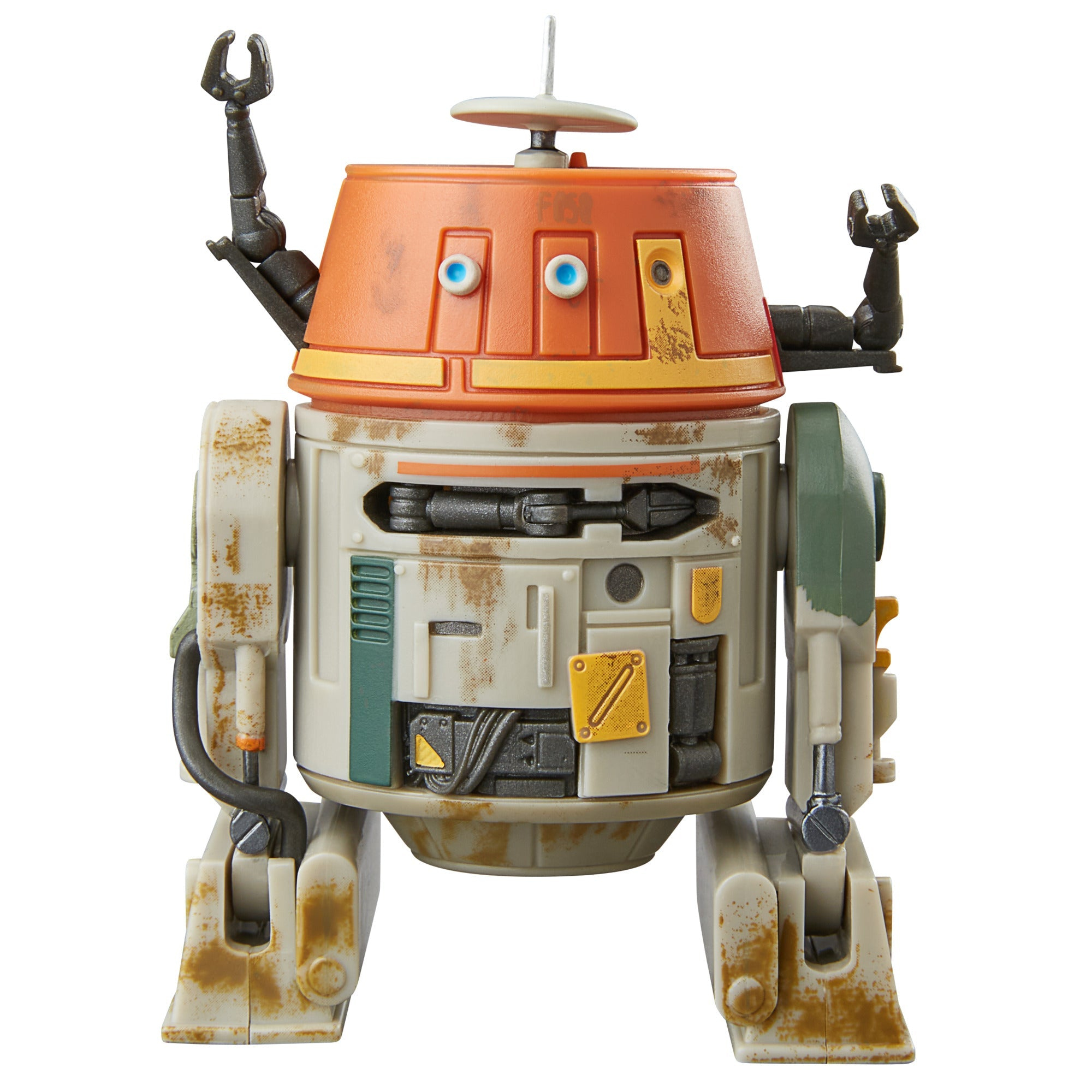 Giocattolo droide di Star Wars, parte superiore arancione, corpo bianco, dettagli verdi e gialli.