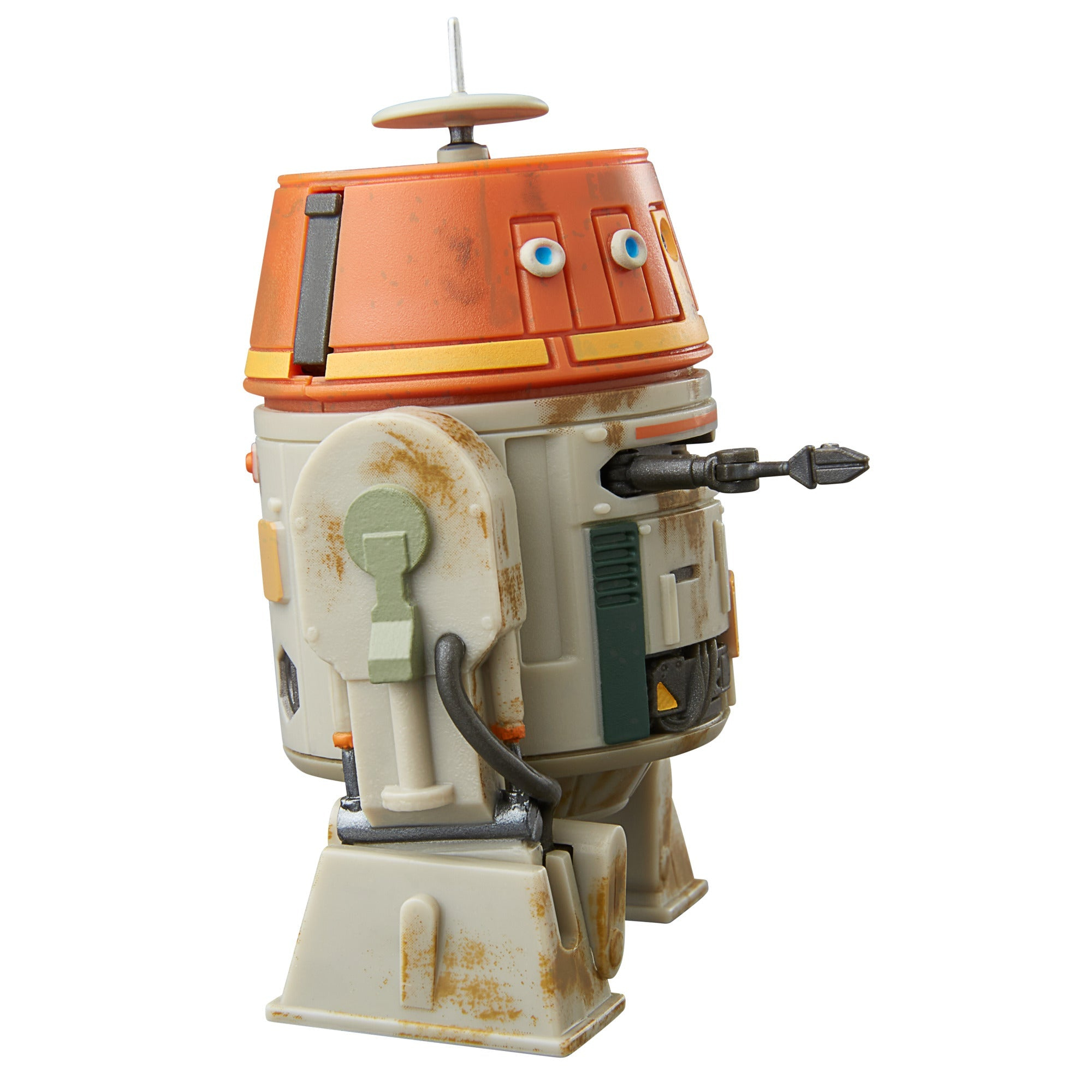 Giocattolo droide di Star Wars, parte superiore arancione, corpo bianco, vista laterale e un'arma.