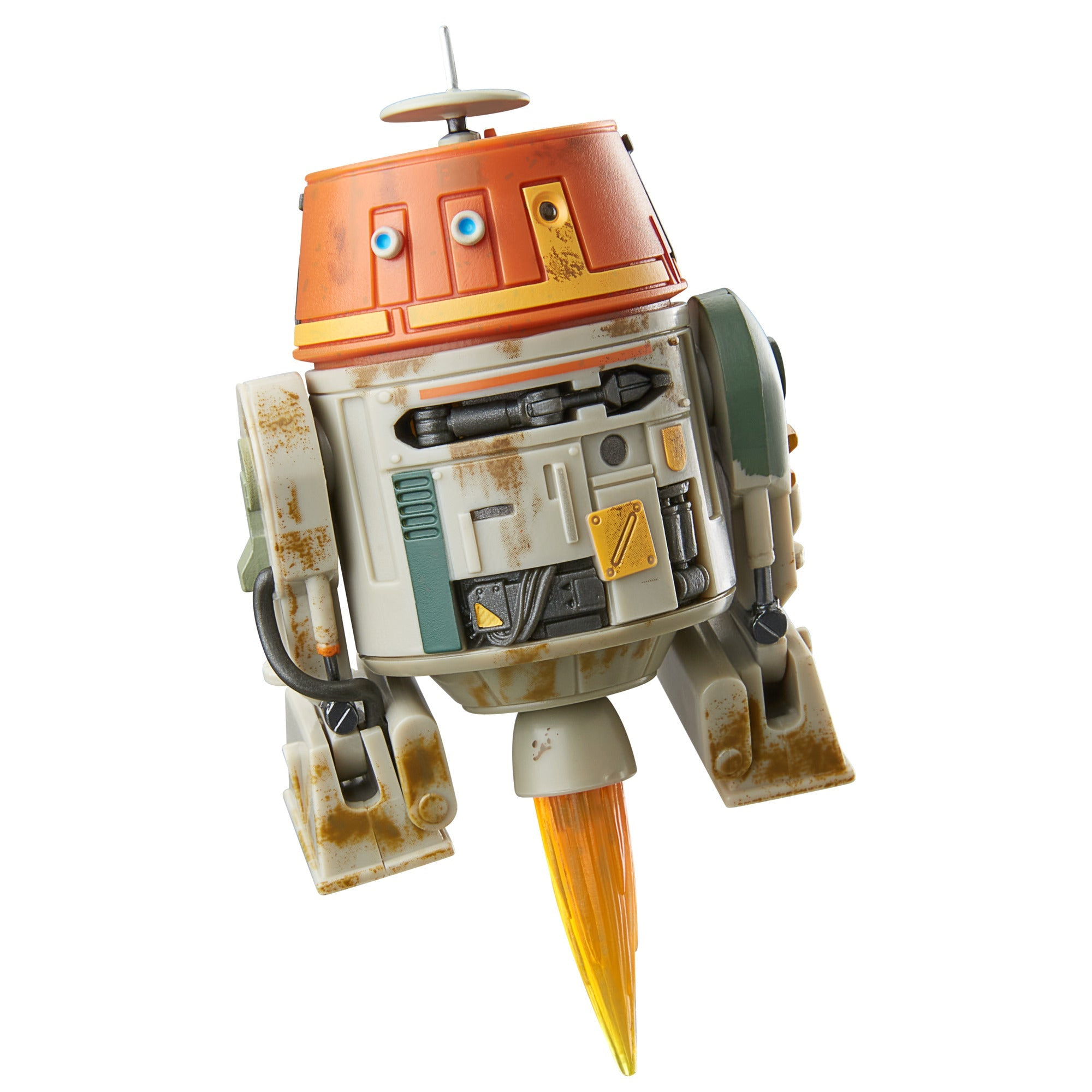 Un giocattolo droide di Star Wars, parte superiore arancione, corpo bianco e fiamma del jet.