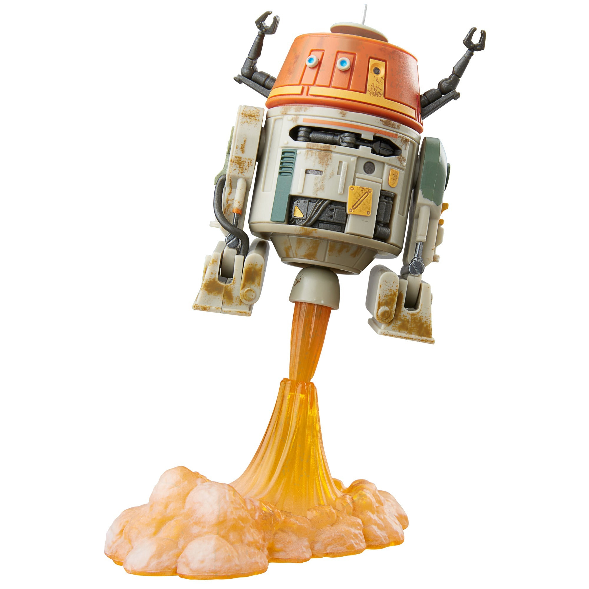 Un piccolo robot, arancione e bianco, con le braccia alzate, decolla con fuoco arancione.