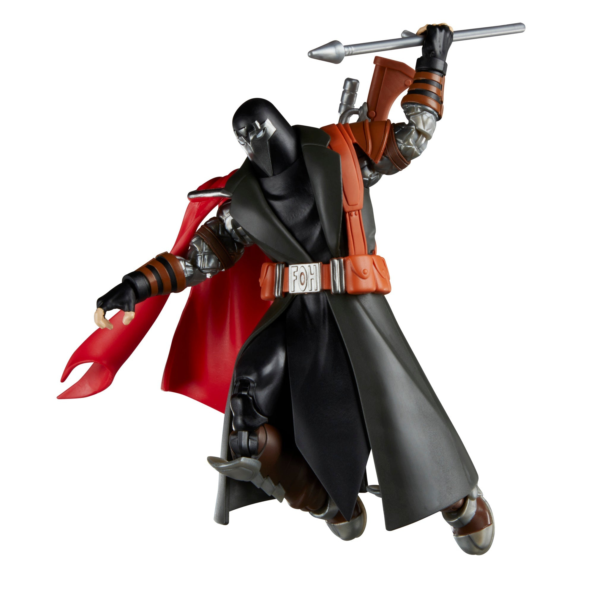 Een actiefiguur in een zwarte outfit en rode cape met een wapen. De figuur staat op een witte achtergrond.