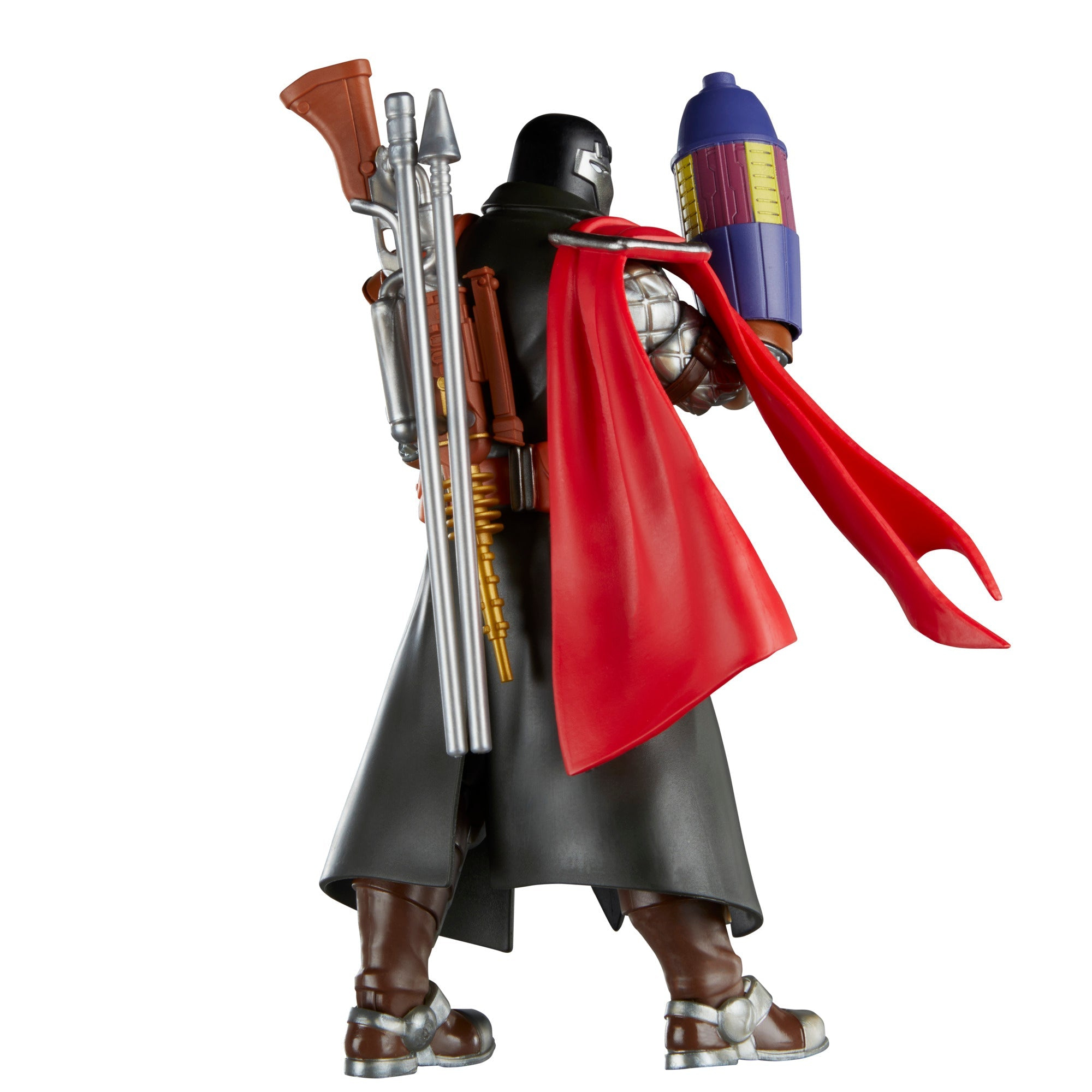 Actiefiguur van achteren gezien, met geweer, paal en blauw apparaat. Rode cape en zilveren accenten.