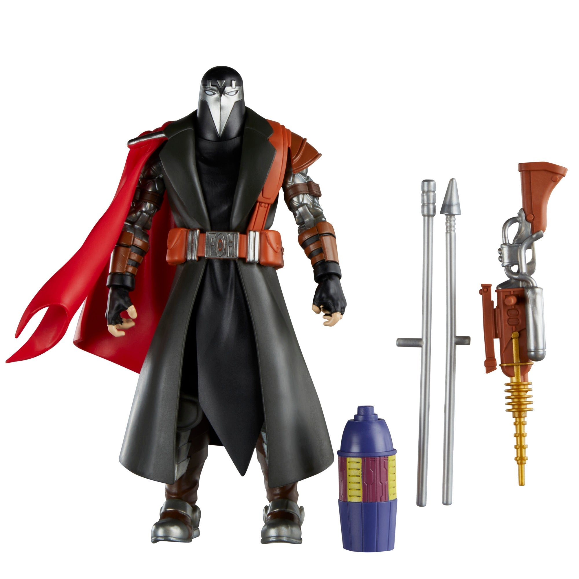 Een slechterik actiefiguur met een rode cape. Hij draagt een zwarte outfit en houdt wapens vast.