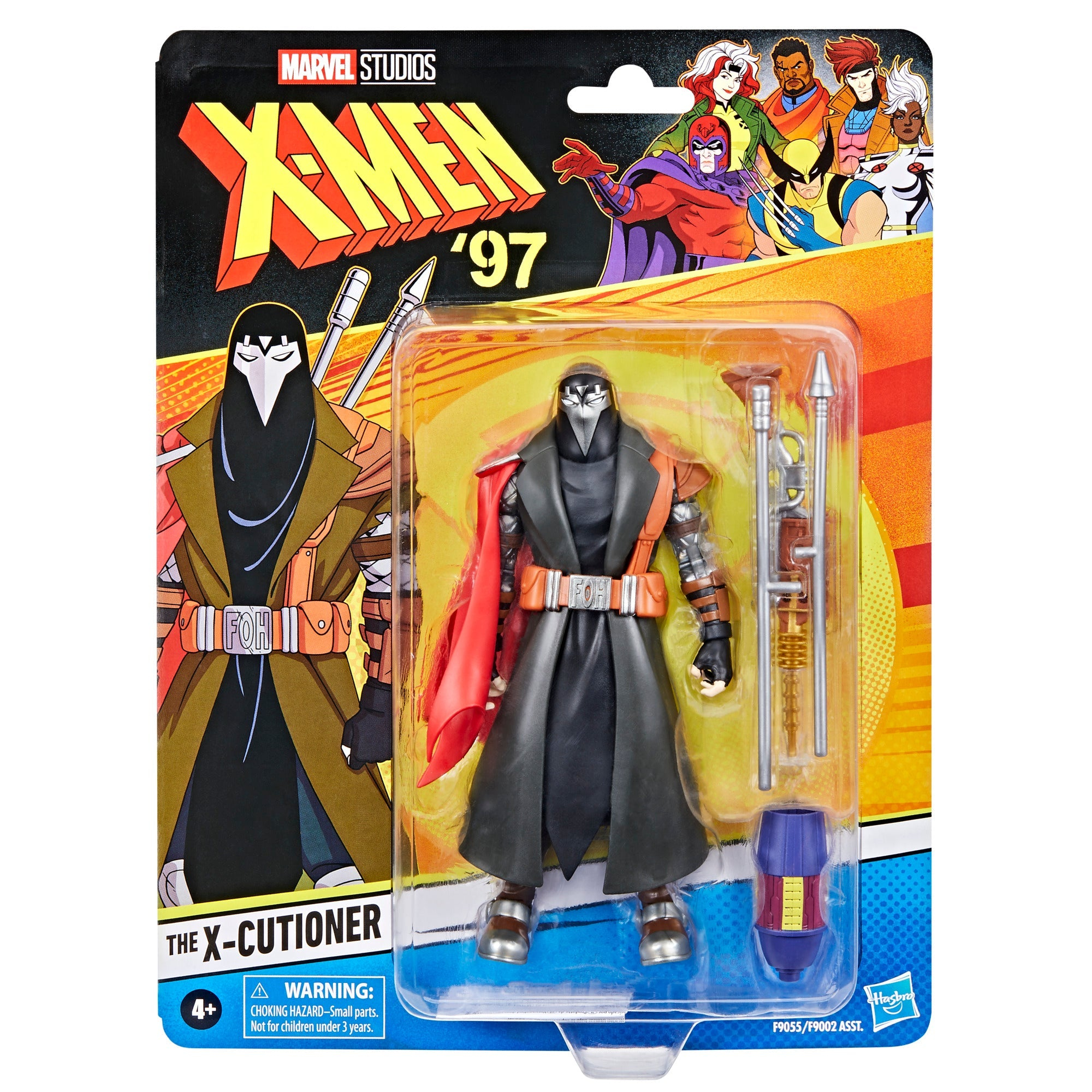 Een X-Men actiefiguur van The X-Cutioner in een zwarte jas, oranje riem en masker, in een verpakking.
