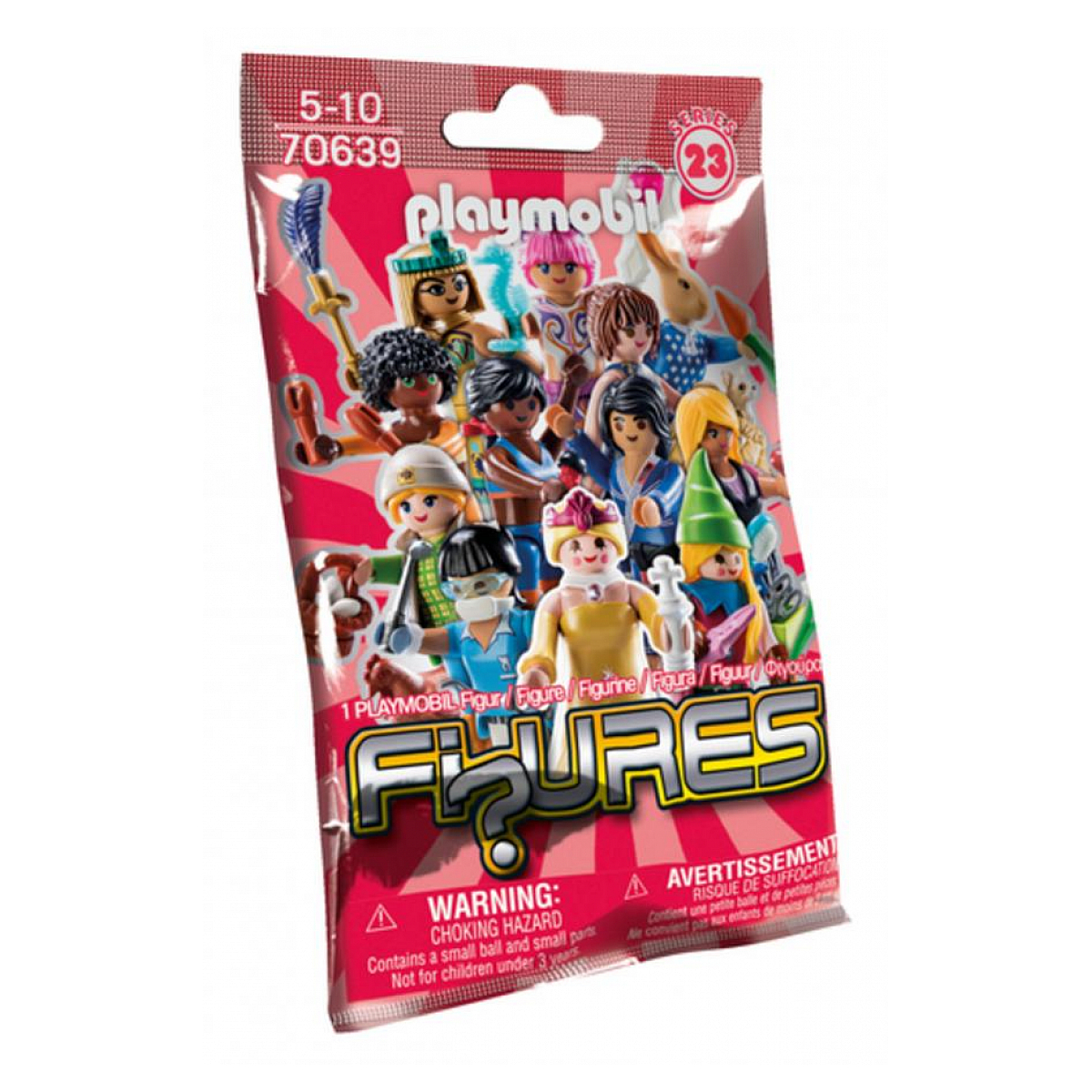 Playmobil blind bag z różnymi figurkami w środku. Torebka jest czerwona i ma ilustracje.