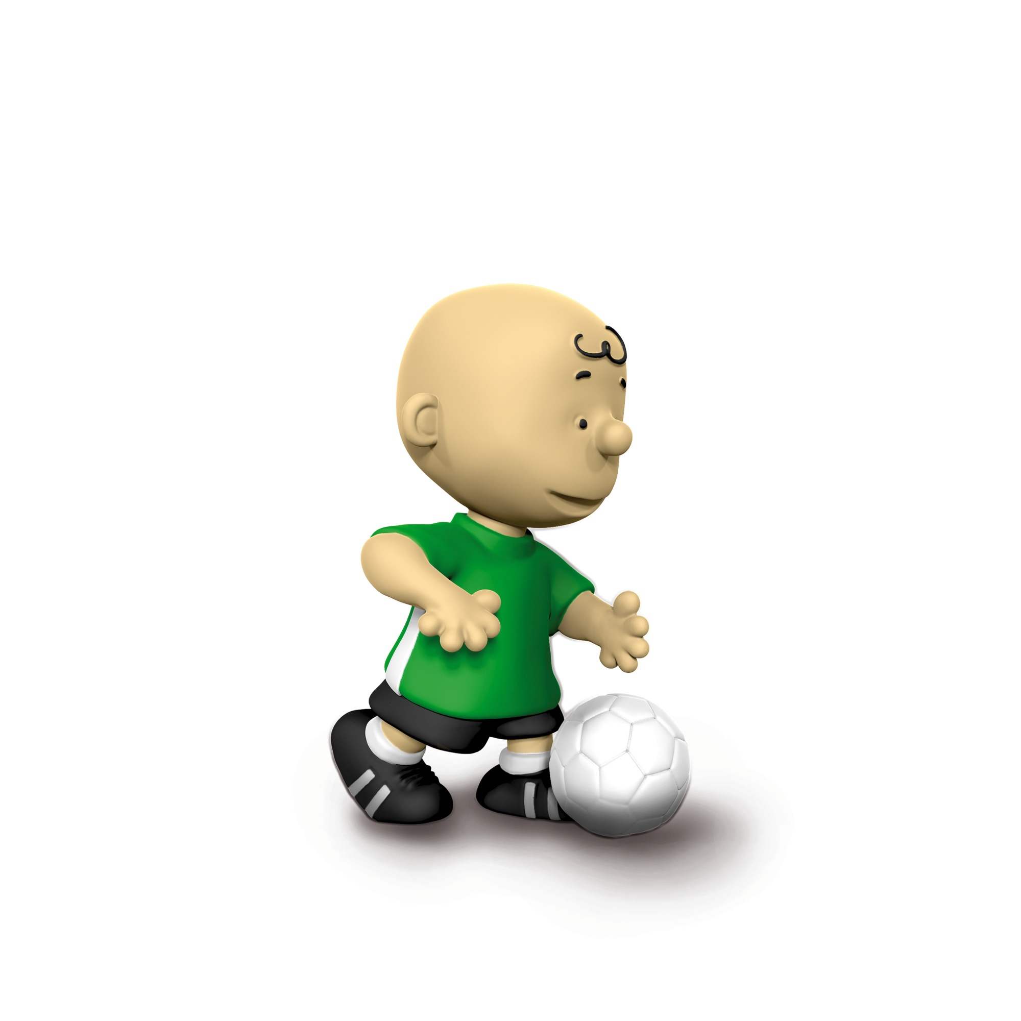 Charlie Brown che calcia un pallone da calcio. Indossa una maglietta verde, pantaloncini neri e scarpe.