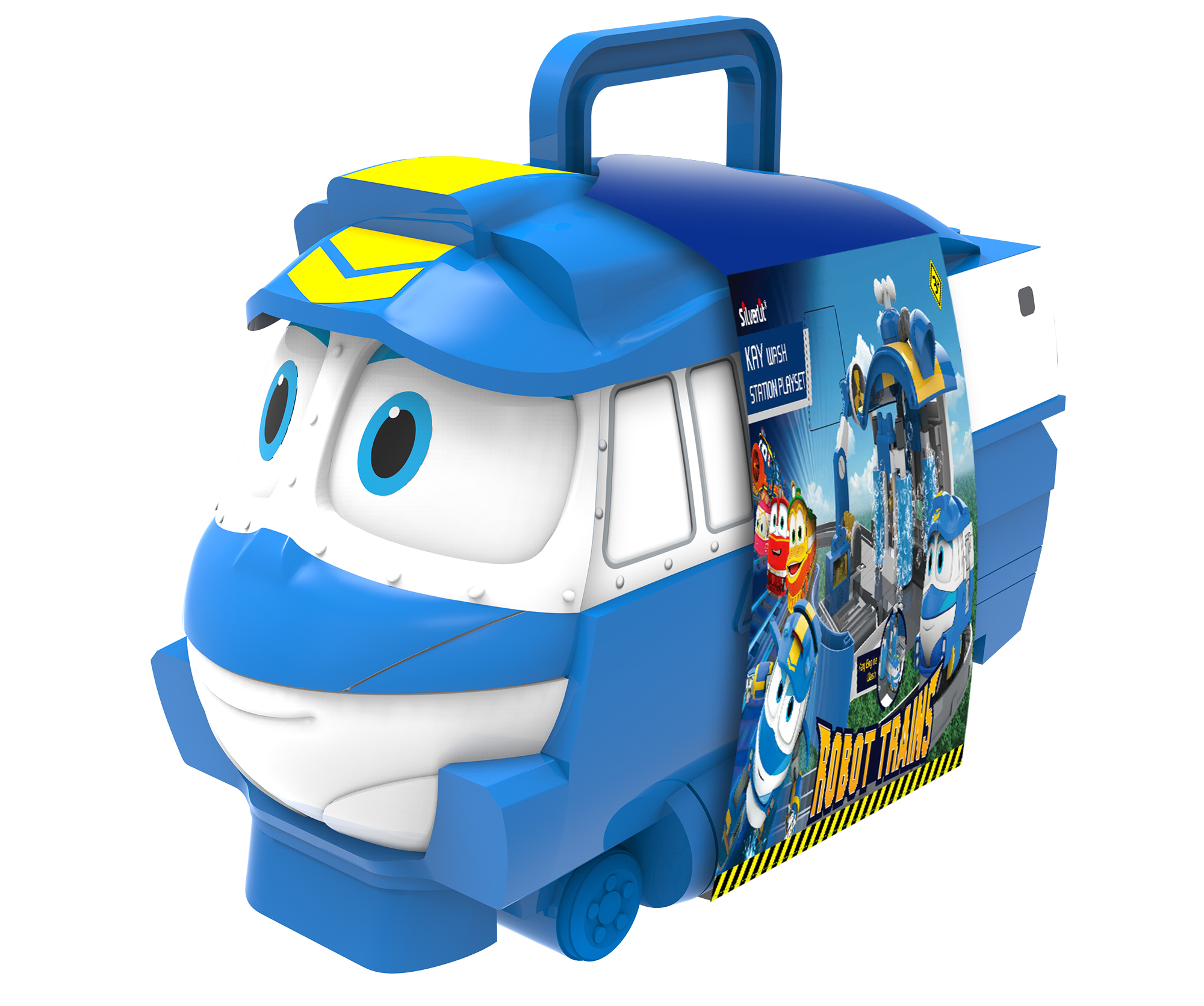 Maleta de tren de juguete azul con cara de tren de dibujos animados y gráficos de tren robot en el lateral.