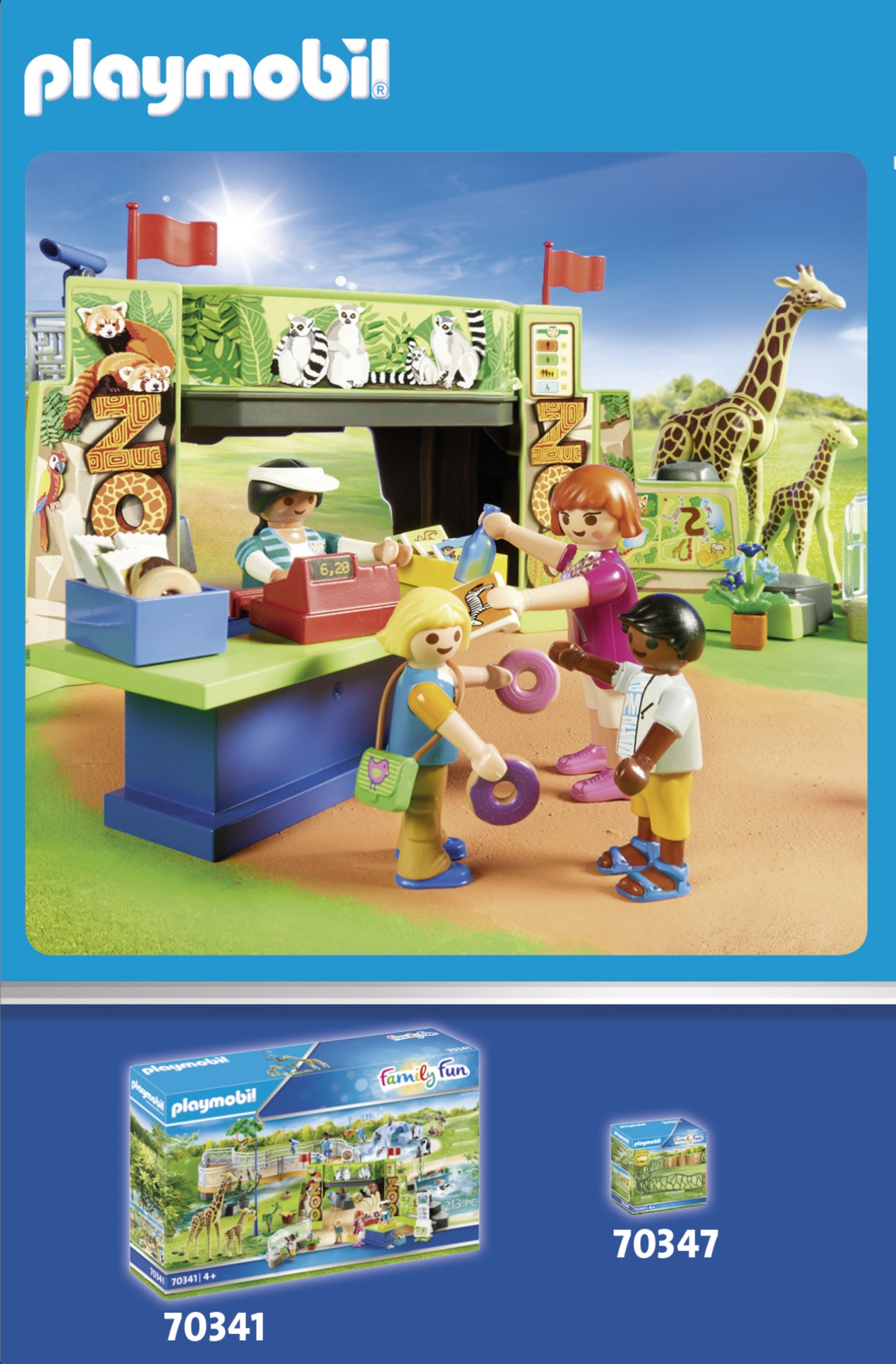Playmobil-Set: Eine Zooszene mit Menschen, Tieren und einem Ticketschalter. Giraffen im Hintergrund.