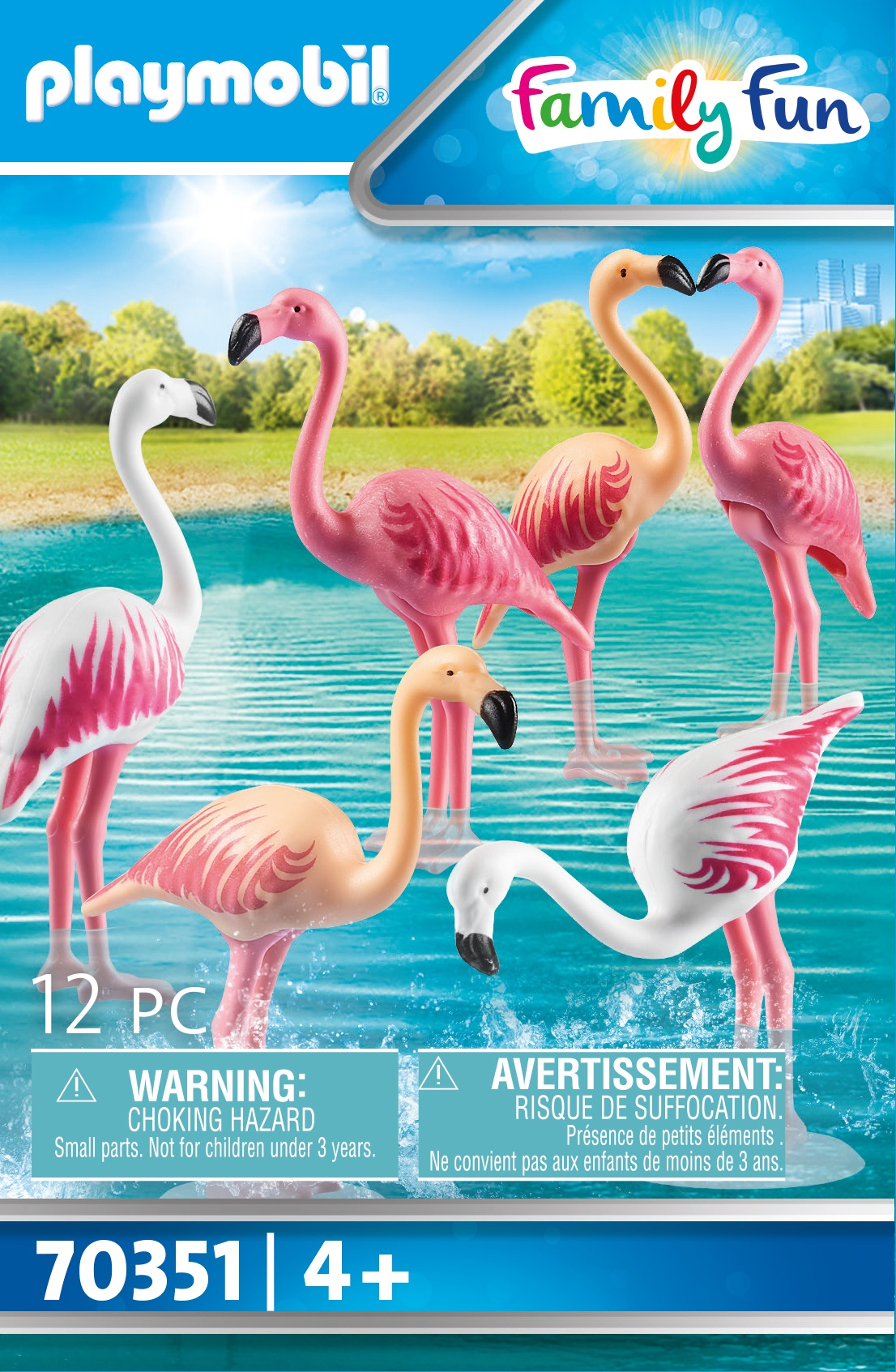 Playmobil-Box-Set mit Flamingos im Wasser. Die Flamingos sind rosa, und es gibt 12 Teile.