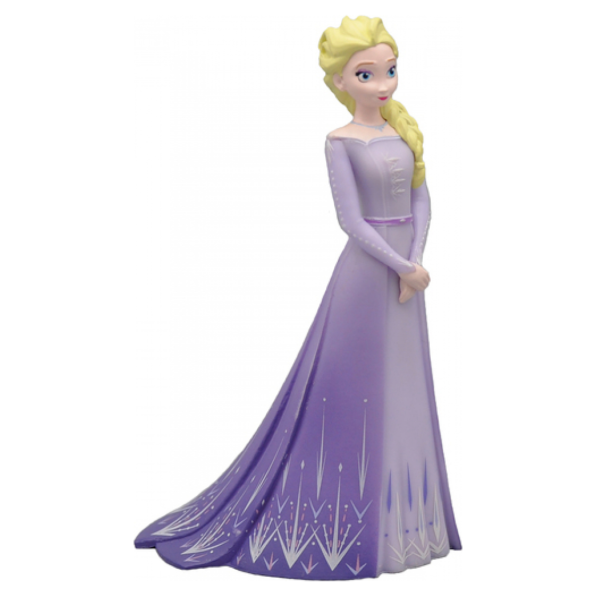 Una bambola di Elsa da Frozen, in un vestito viola, con capelli biondi, su sfondo bianco.