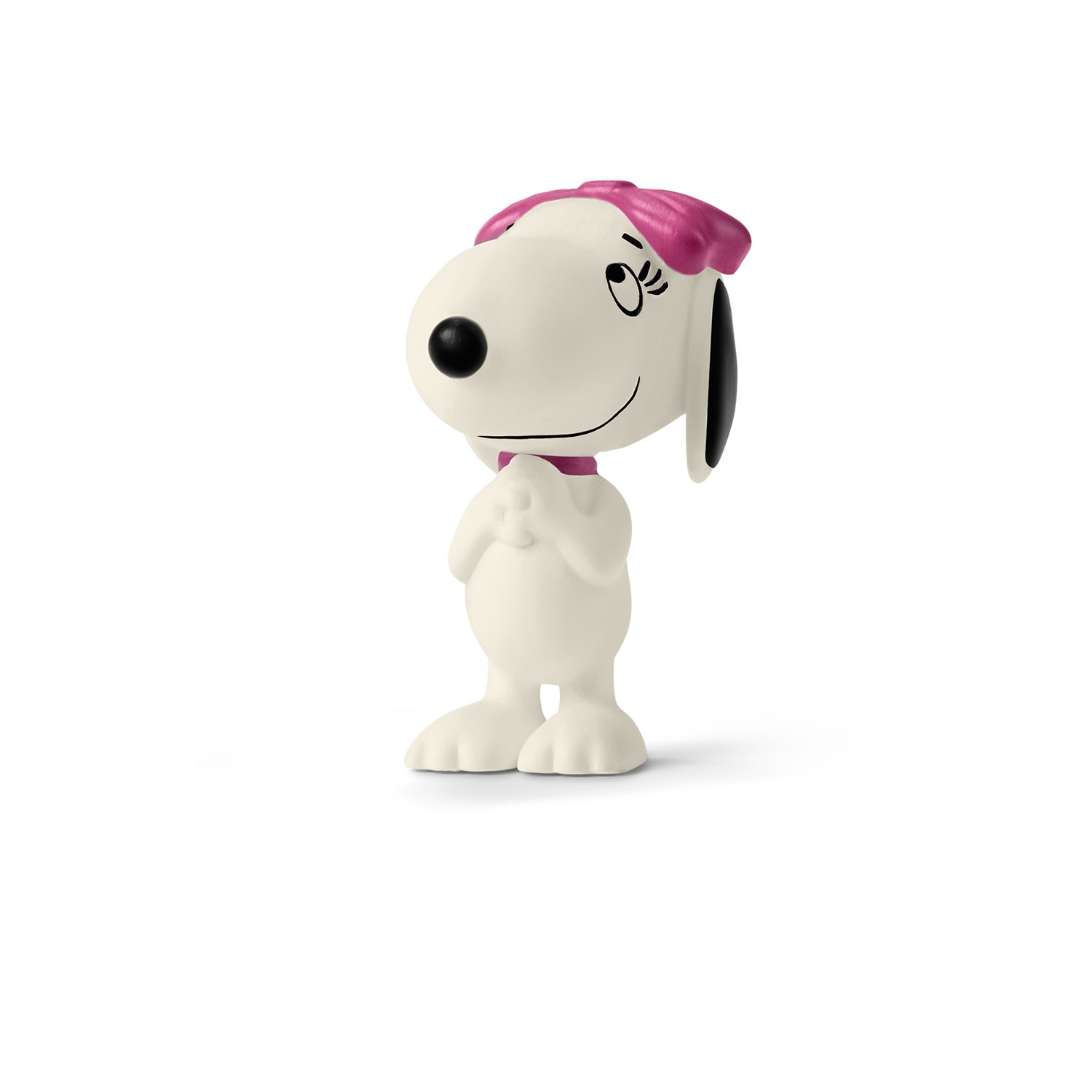 Eine Snoopy-Figur mit rosa Hut und rosa Kragen, die mit gefalteten Händen steht.