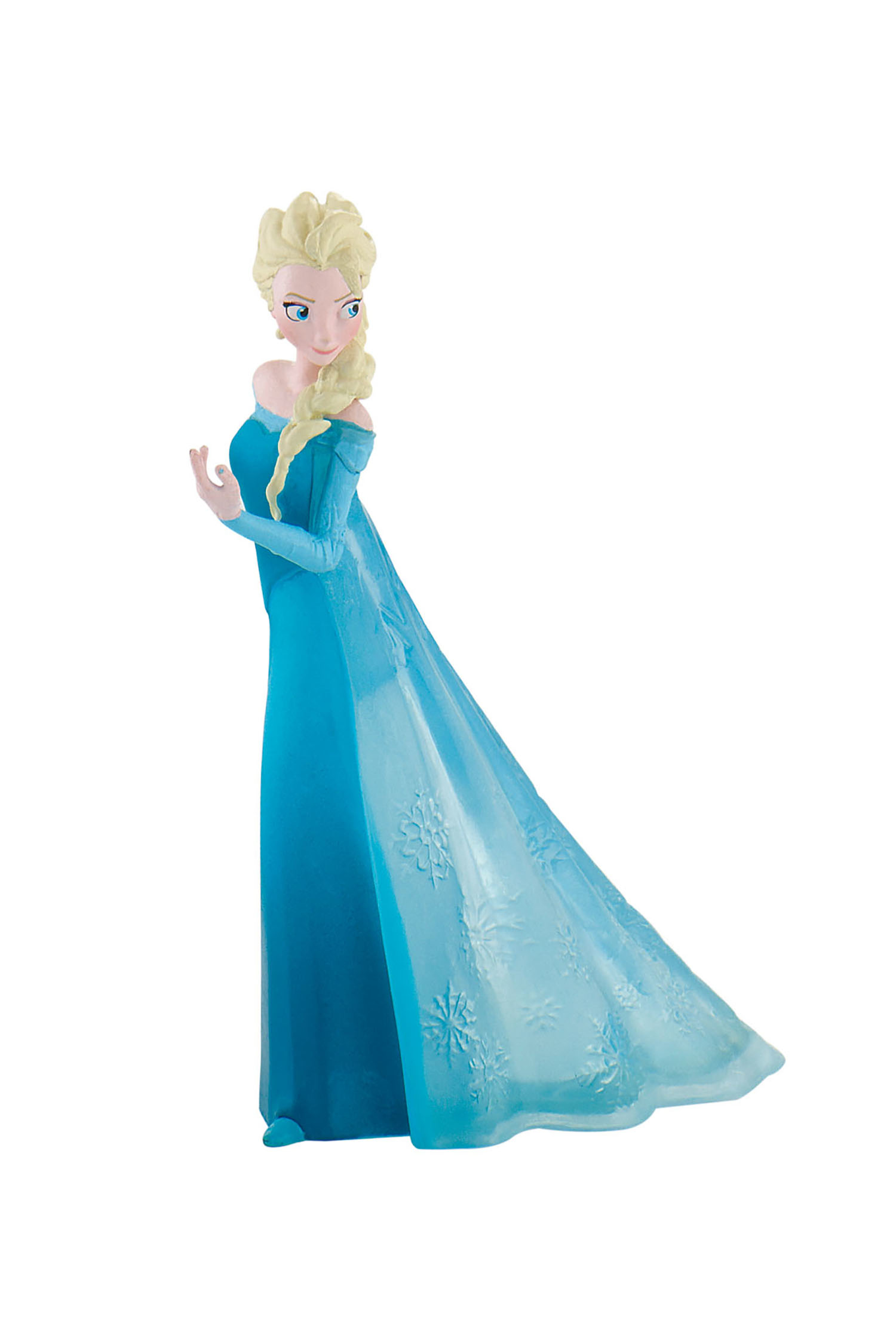 Elsa-pop in blauwe jurk met lange sleep. Witte achtergrond.