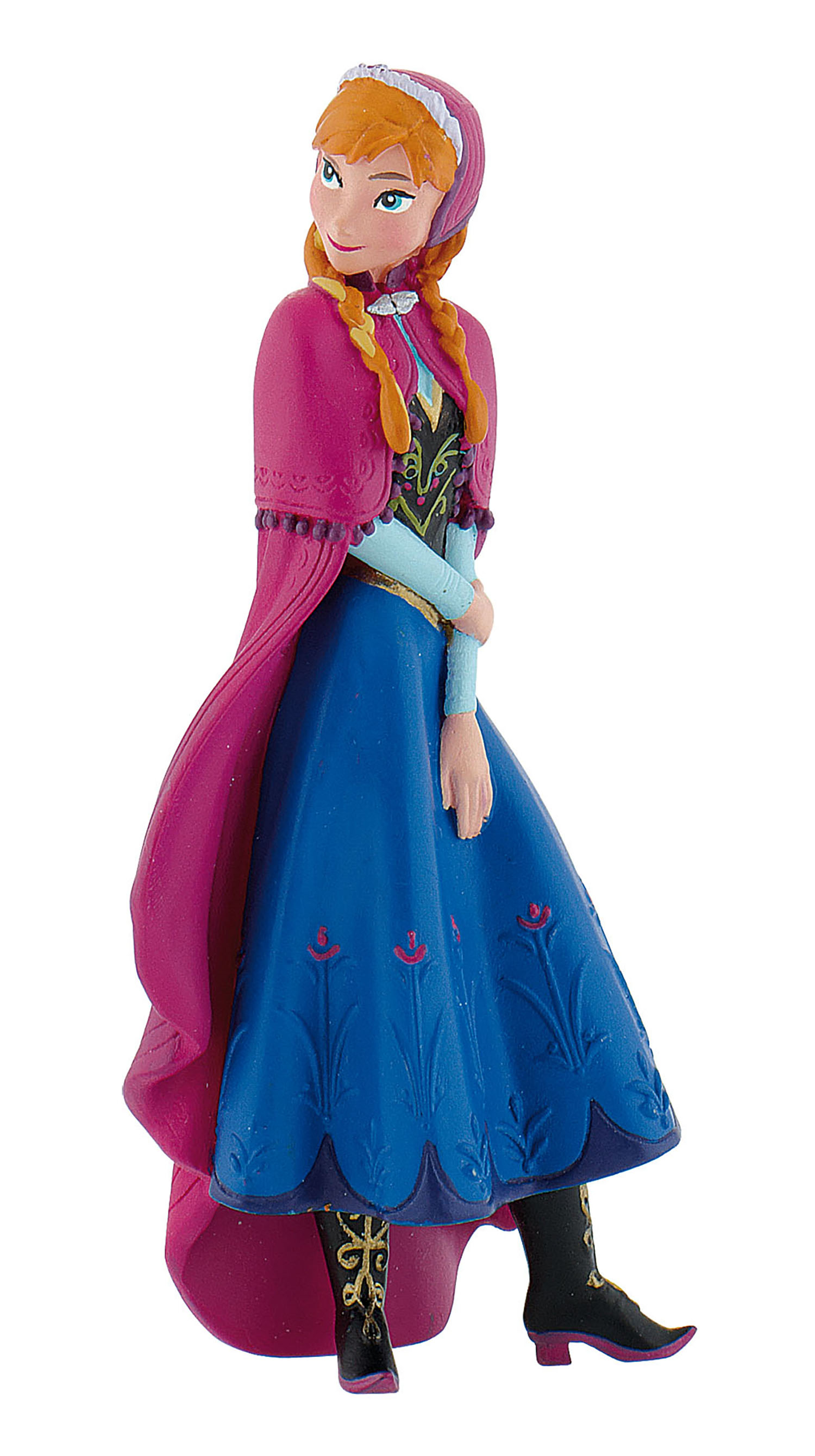 Een Anna figuur uit Frozen, met een blauwe jurk en een roze cape, met gevlochten haar.