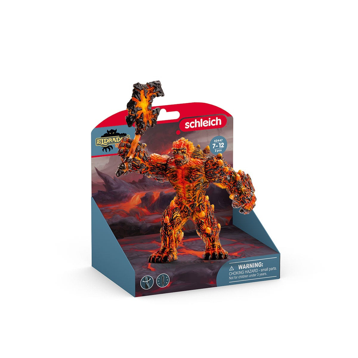 Een speelgoedfiguur van een vurige monster met een hamer, gepresenteerd in een displaydoos.