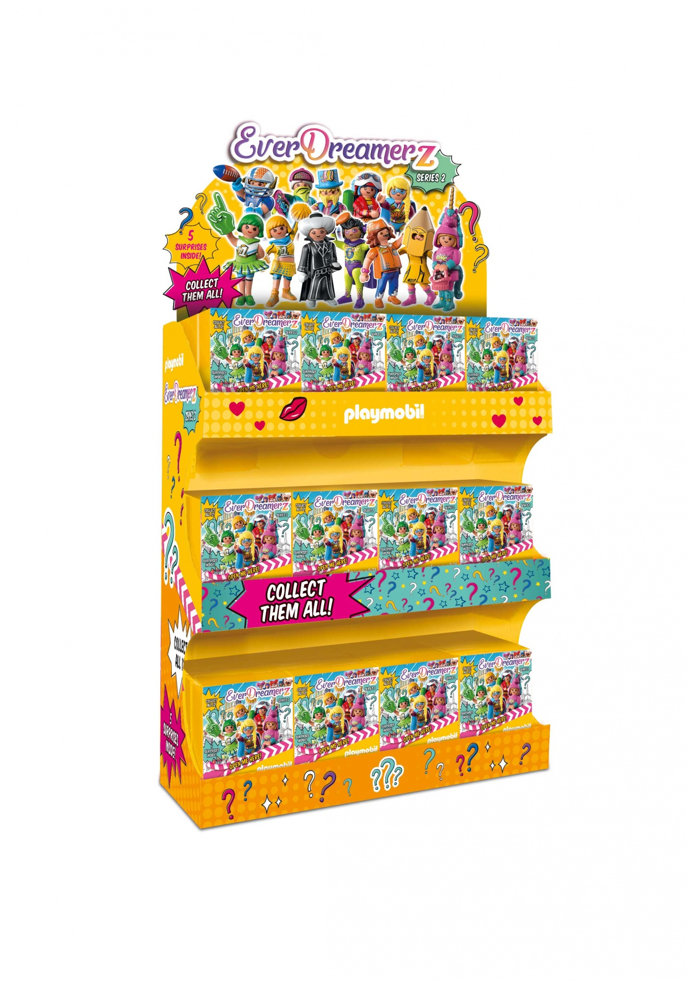 Un espositore Playmobil con più scatole, con personaggi di EverDreamerz.