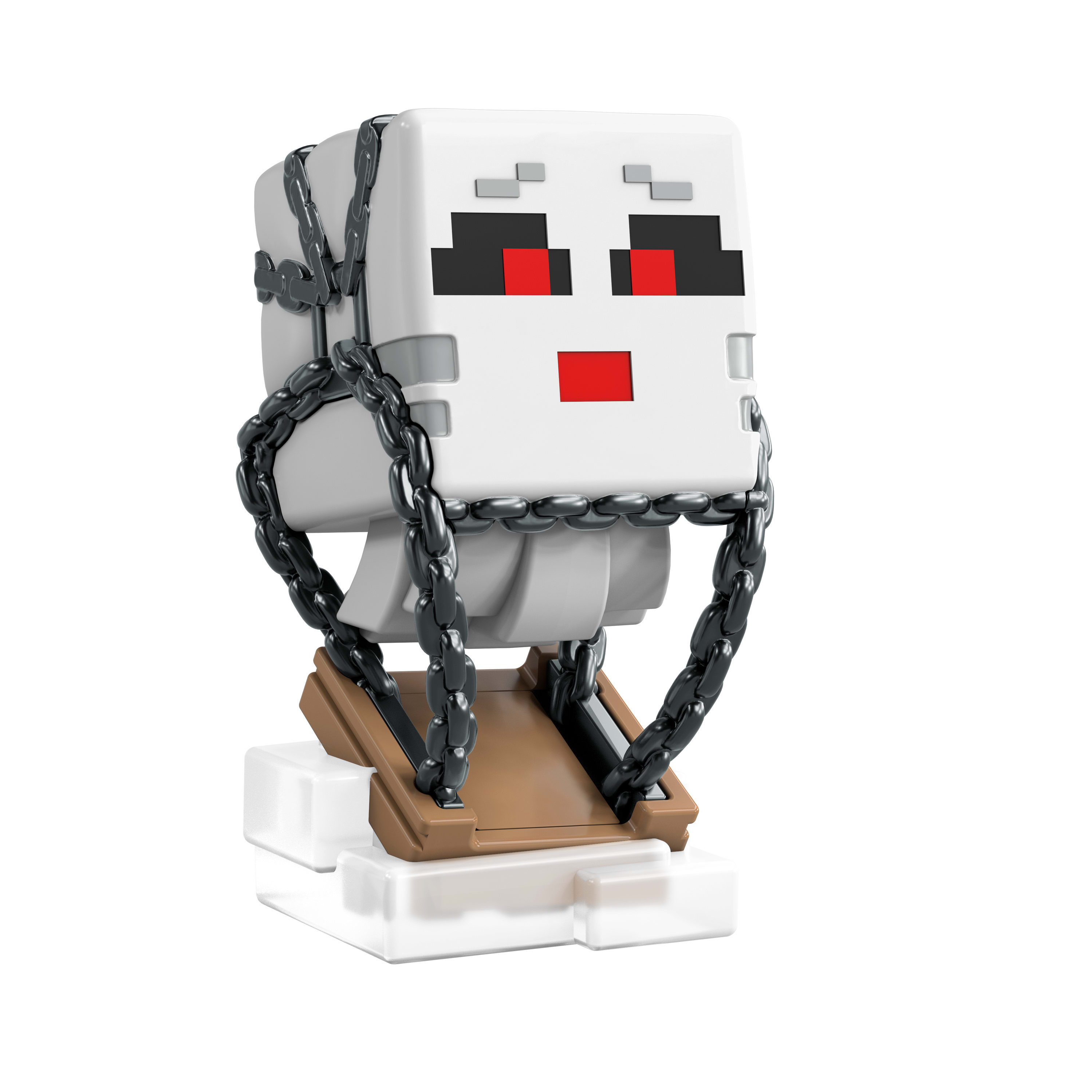 Figurka Minecraft. Biała z czarnymi oczami w pikselach. Otoczona łańcuchem.