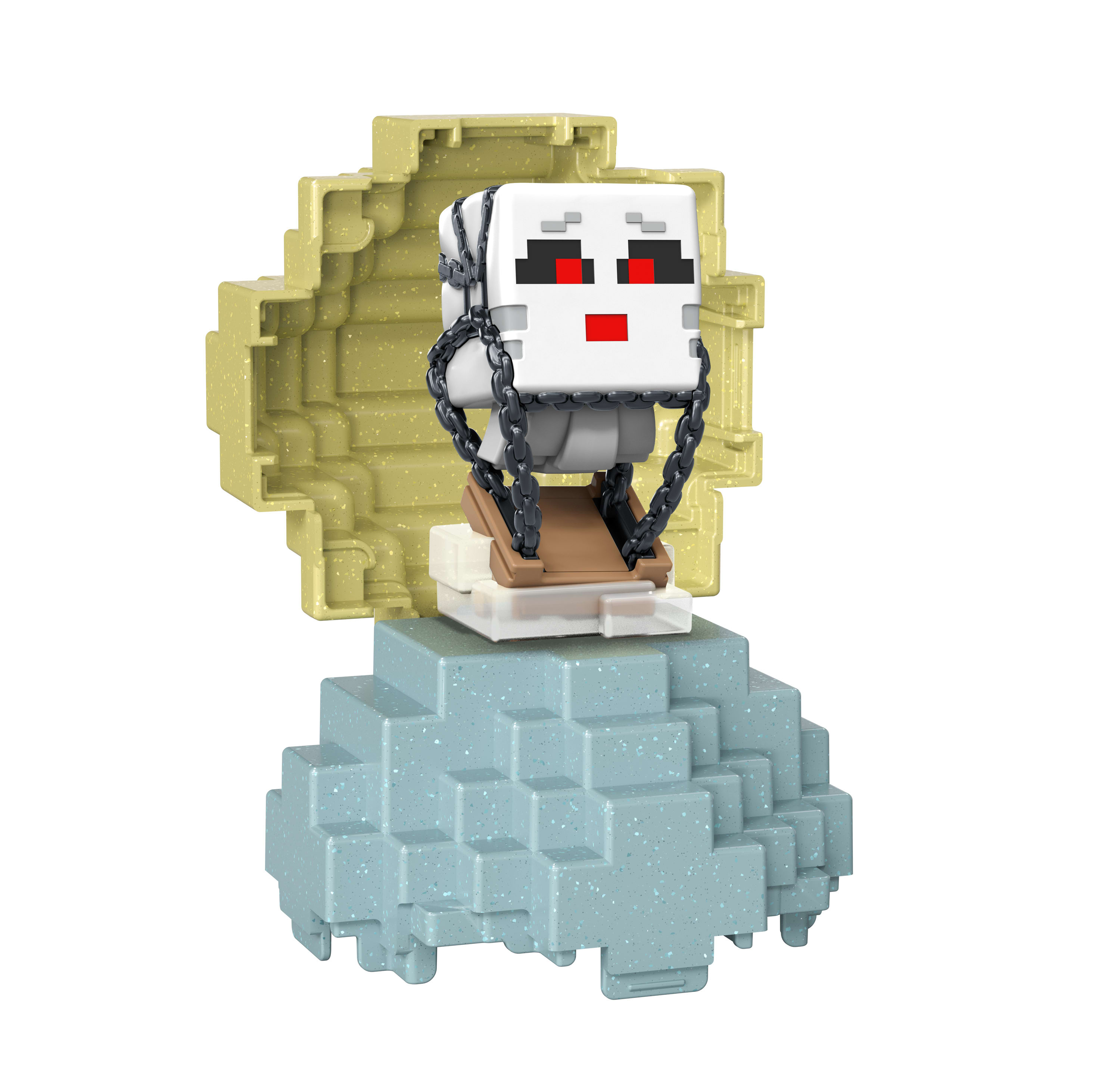 Figurka Minecraft w bloku z jasnoniebieską podstawą i żółtą górą.