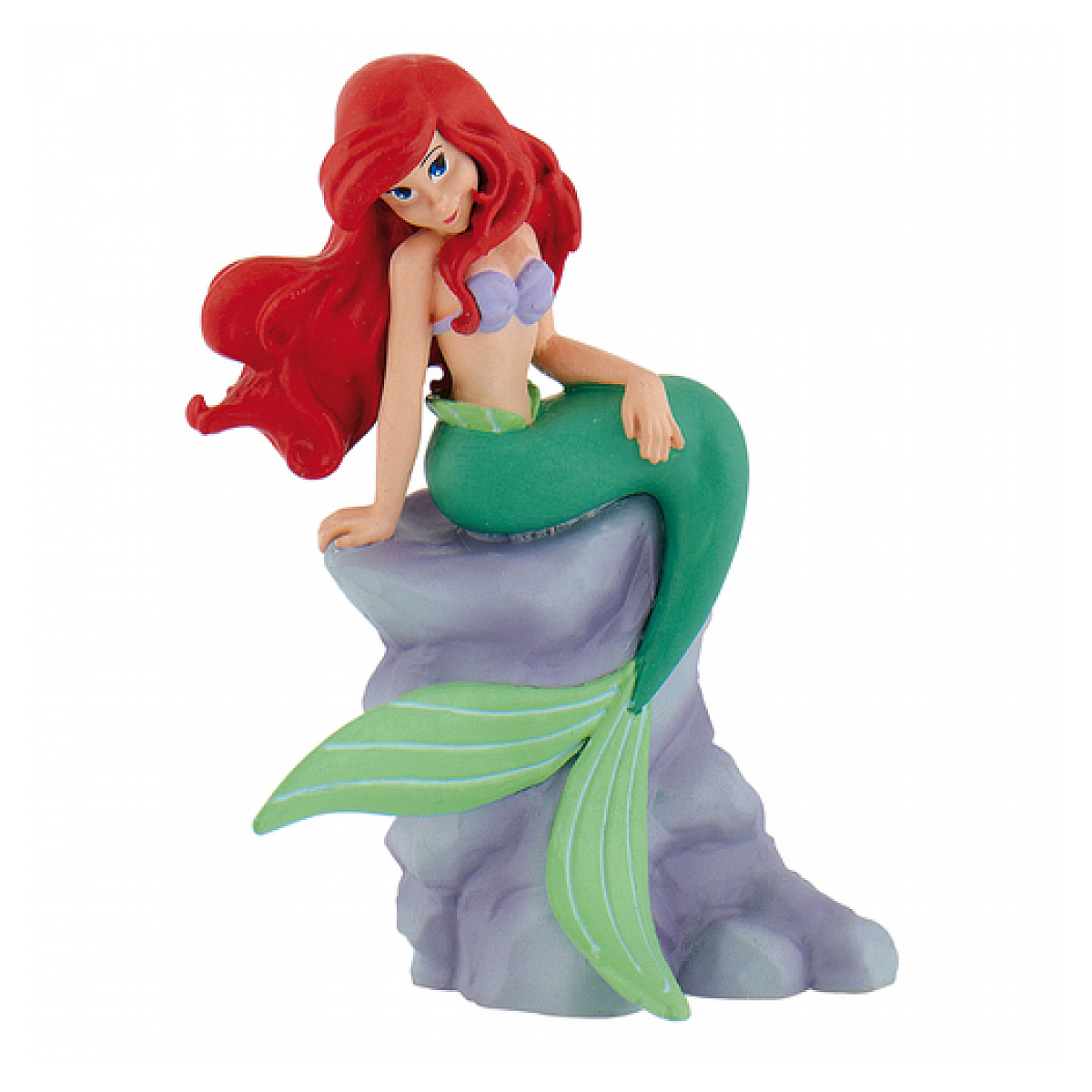 Statuina di Ariel, capelli rossi, coda verde, seduta su una roccia.