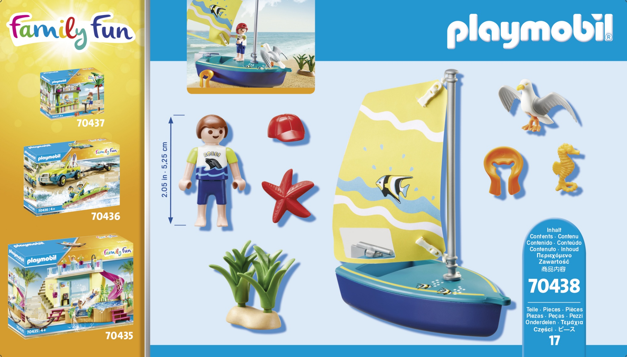 Set Playmobil con barca, personaggi e accessori come una stella marina e un gabbiano.