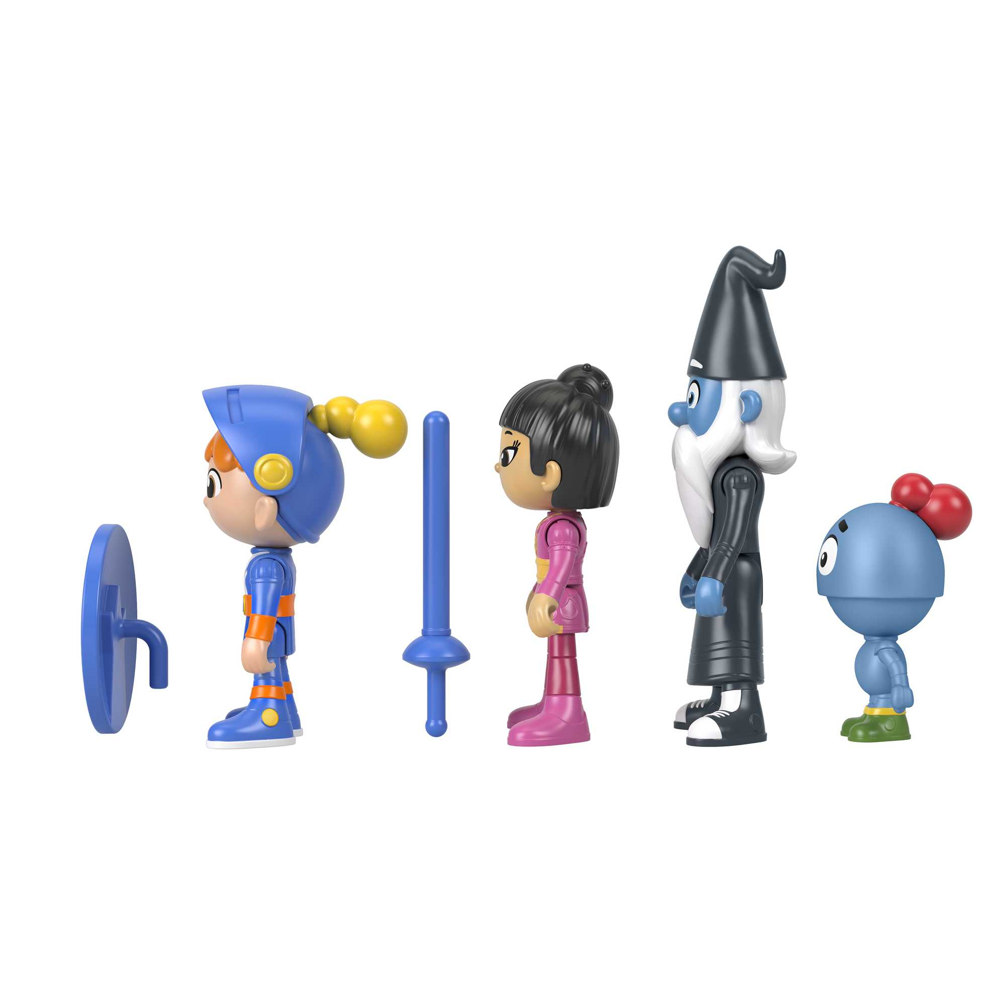 Spielfiguren: Ein Ritter, ein Mädchen, ein Zauberer und ein blauer Vogel, jeweils im Profil, nebeneinander stehend.