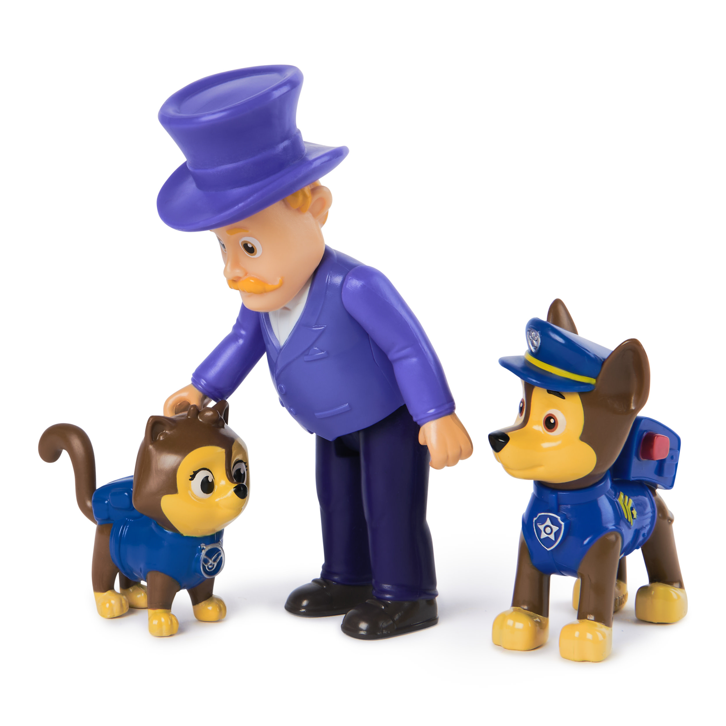 Tre giocattoli di Paw Patrol. Un uomo con un cappello e due cani. Tutti indossano uniformi blu.