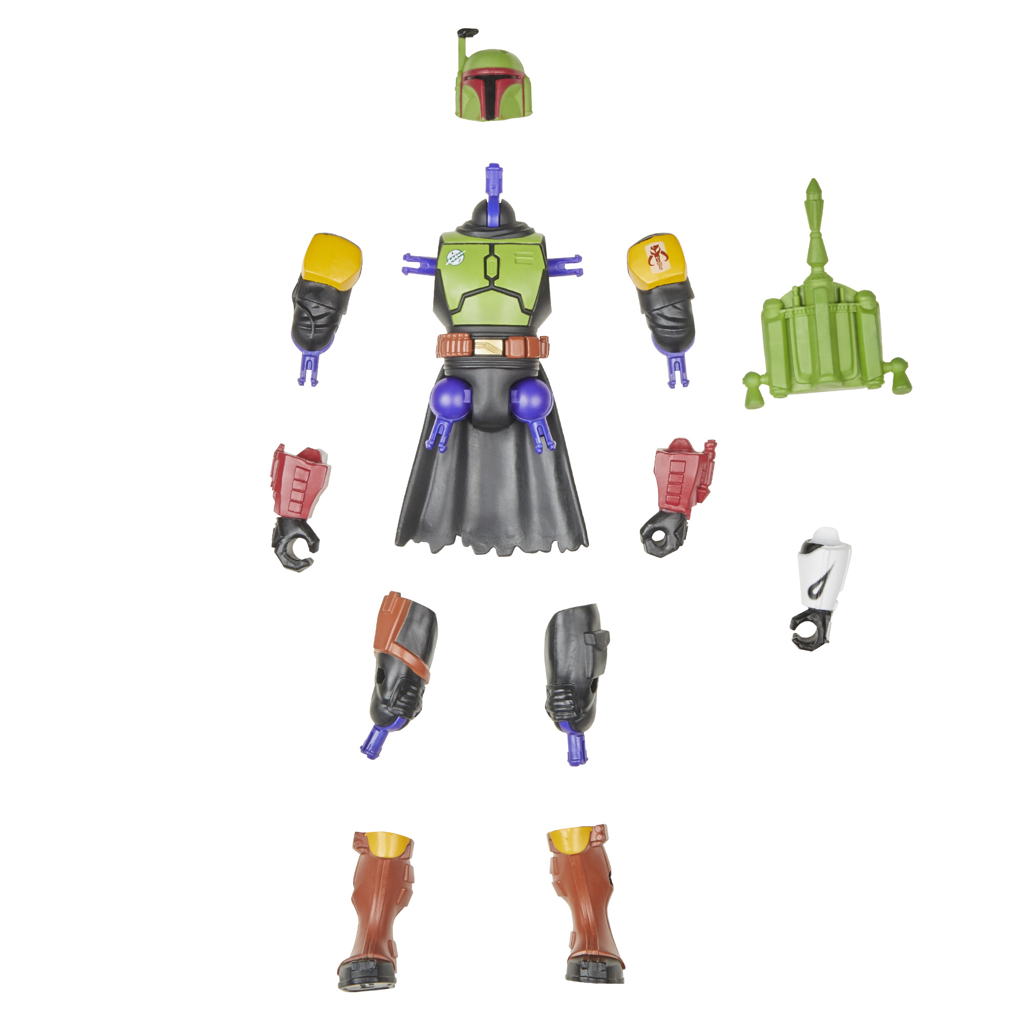 Figurka Boba Fetta w stanie rozłożonym, pokazująca hełm, plecak odrzutowy, kończyny i różne części zbroi.