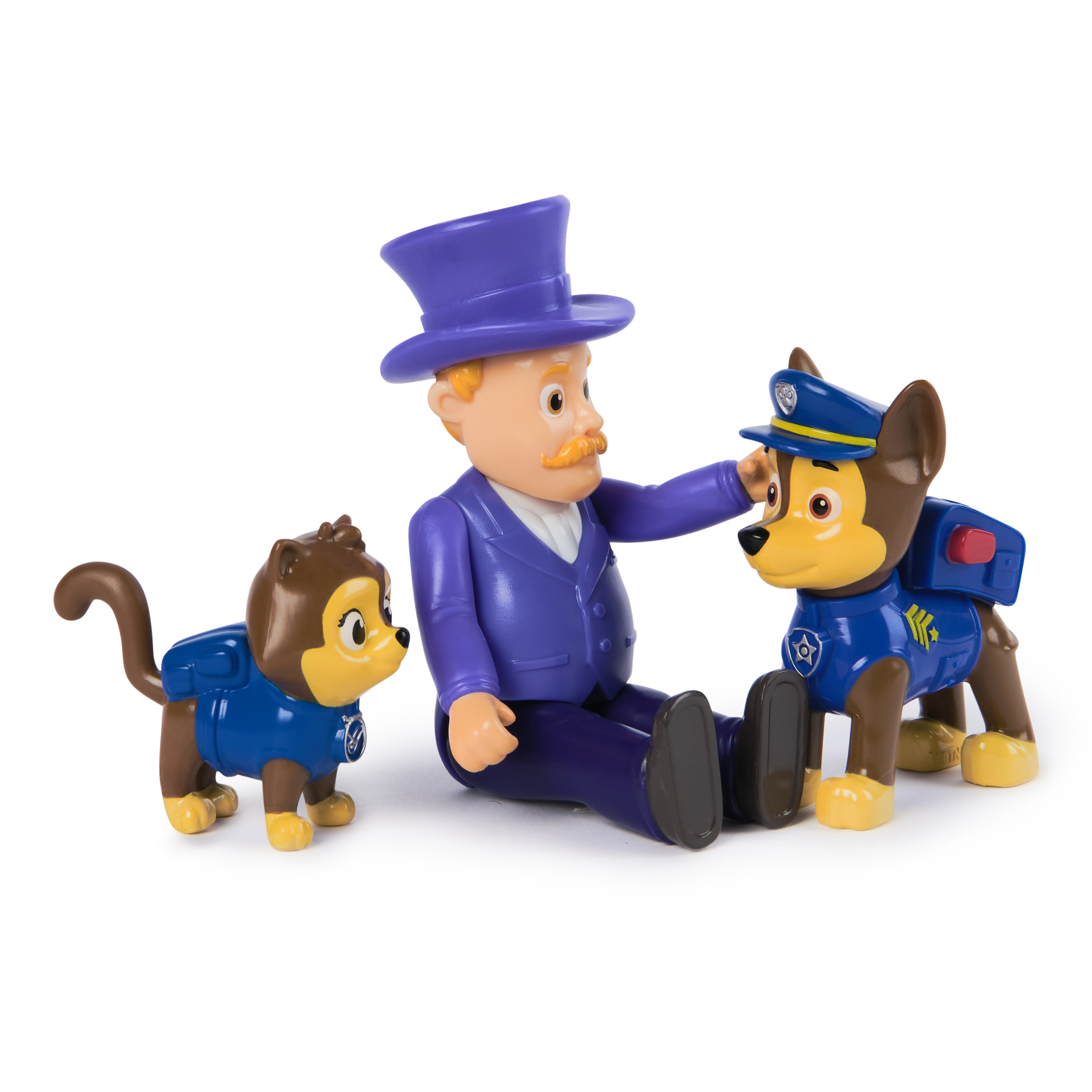 Personaggi di Paw Patrol. Un uomo in completo viola e due cani. Uno è Chase, l'altro è una scimmia.