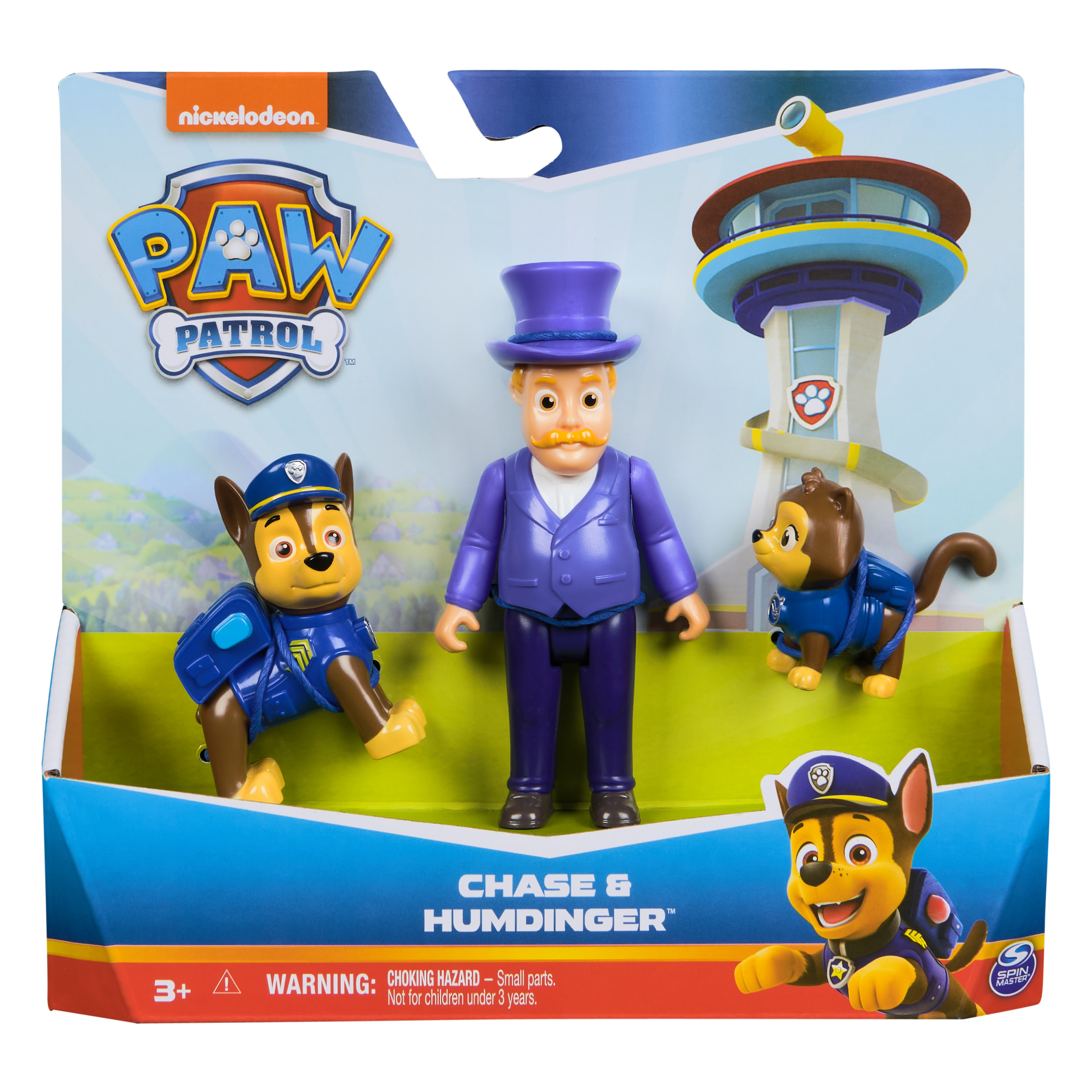 Set di giocattoli di Paw Patrol con Chase, Humdinger e un'altra figura di cucciolo. Include una torre.
